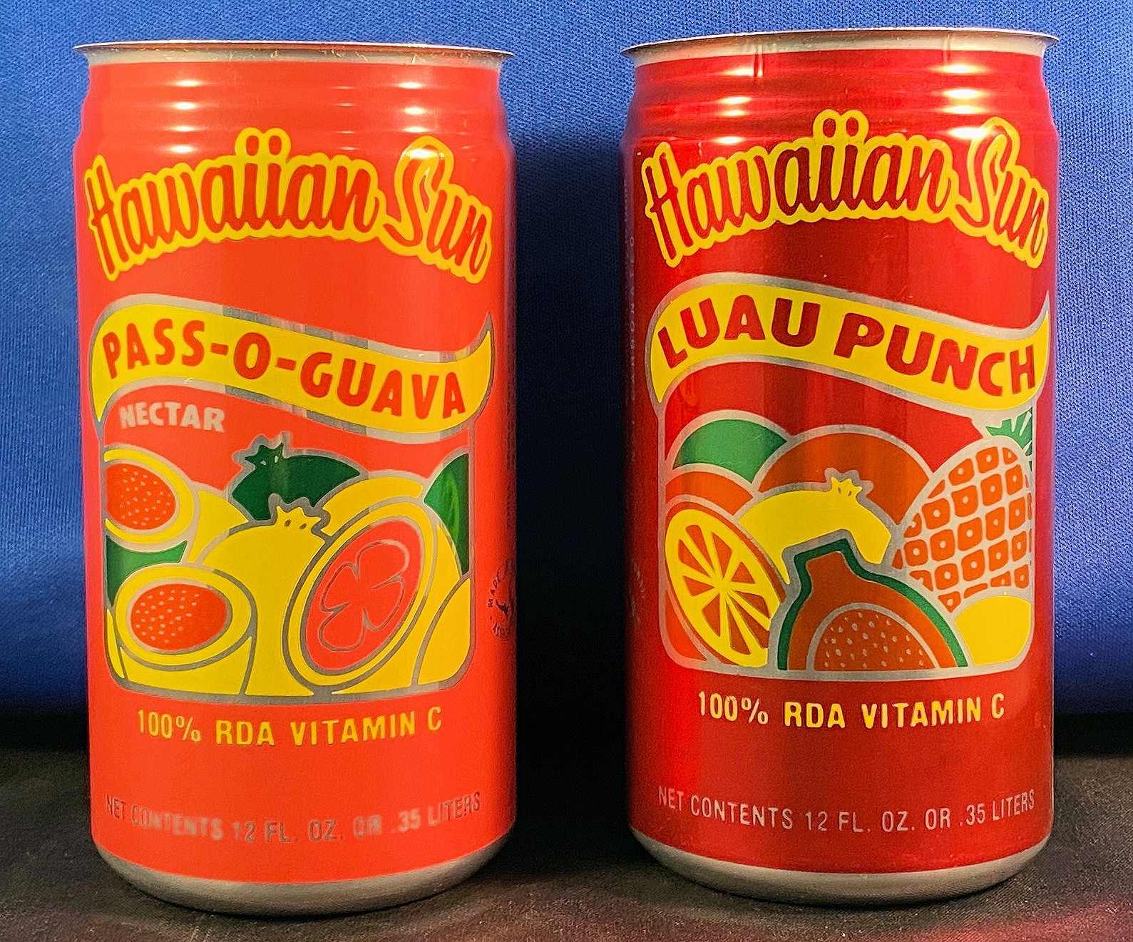 Hawaiian Sun - Vintage Matched Pair - TOPLESS ALUMINUM CANS - 12 oz size - NICE!