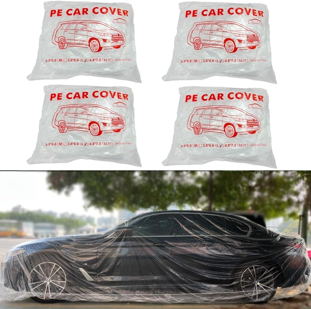 Pack de 4 fundas desechables para coche, plástico transparente universal con elá