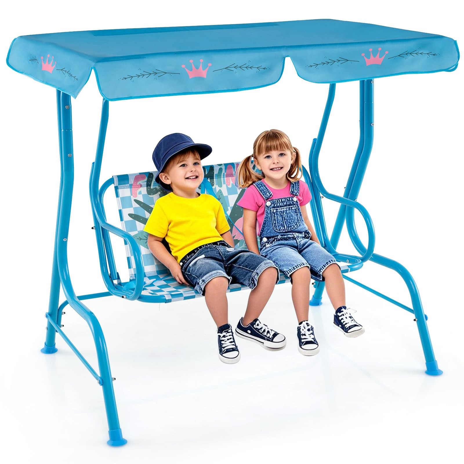 Honey Joy Kids Patio Swing 2-Seater Outdoor Porch Lounge Chair Canopy Flamingo