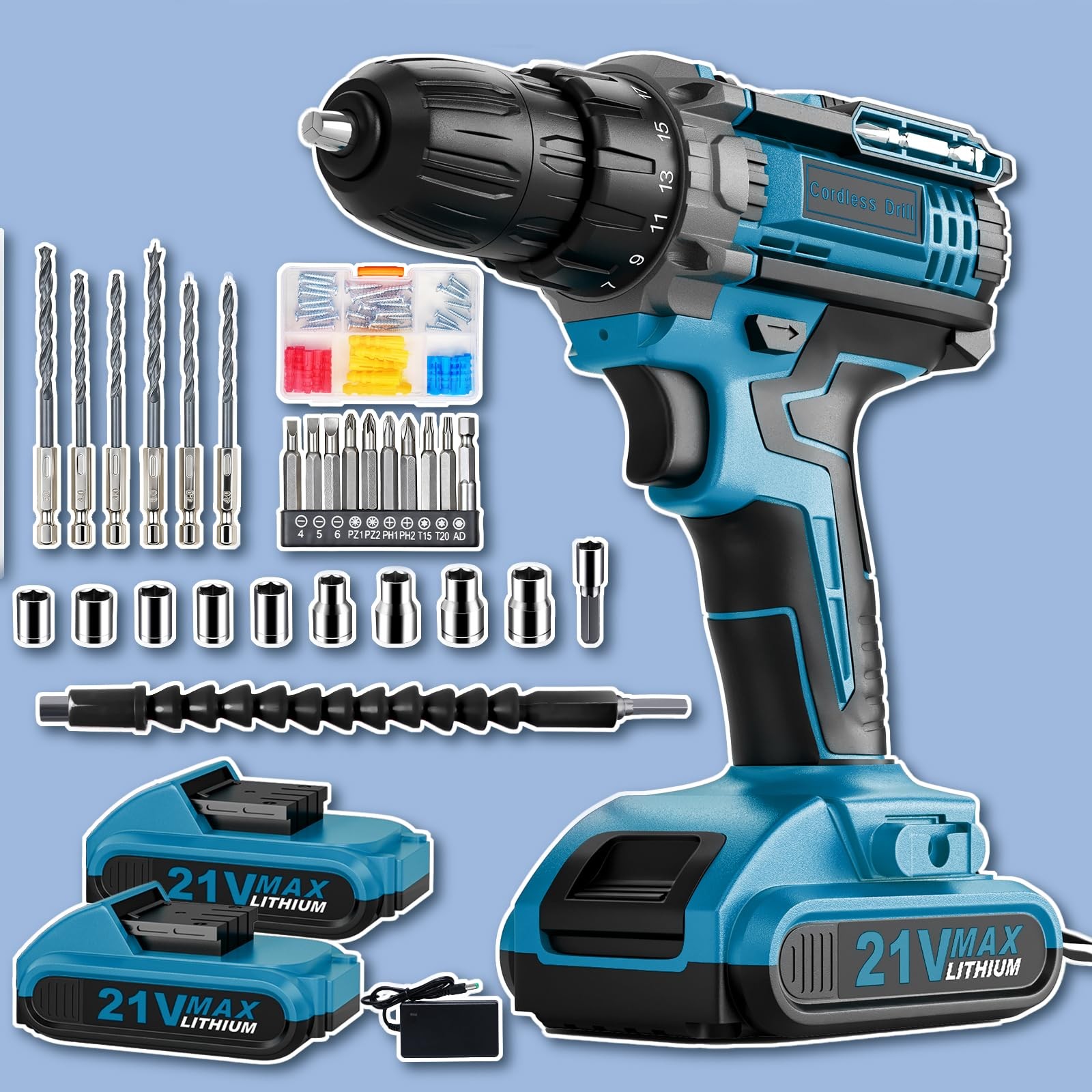 21V Cordless Power Drill Set 3/8" Chuck 2.0Ah Battery 25+1 Torque 90 Pcs
