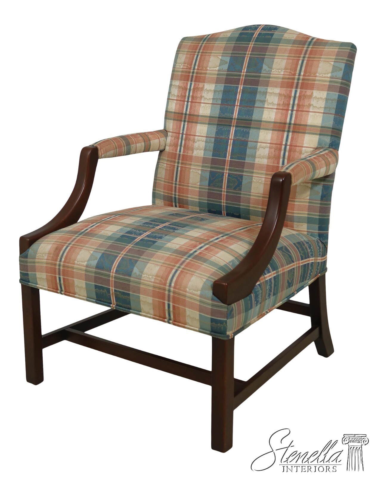 F61252EC: Chippendale Mahogany Upholstered Open Arm Library Chair