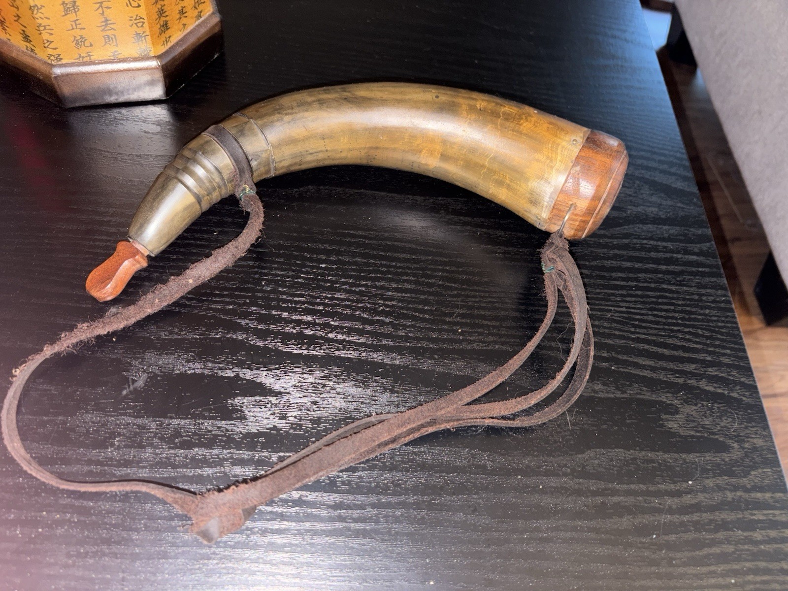 Vintage Black Powder Powder Horn for Muzzleloader Rifle w/ Leather Strap