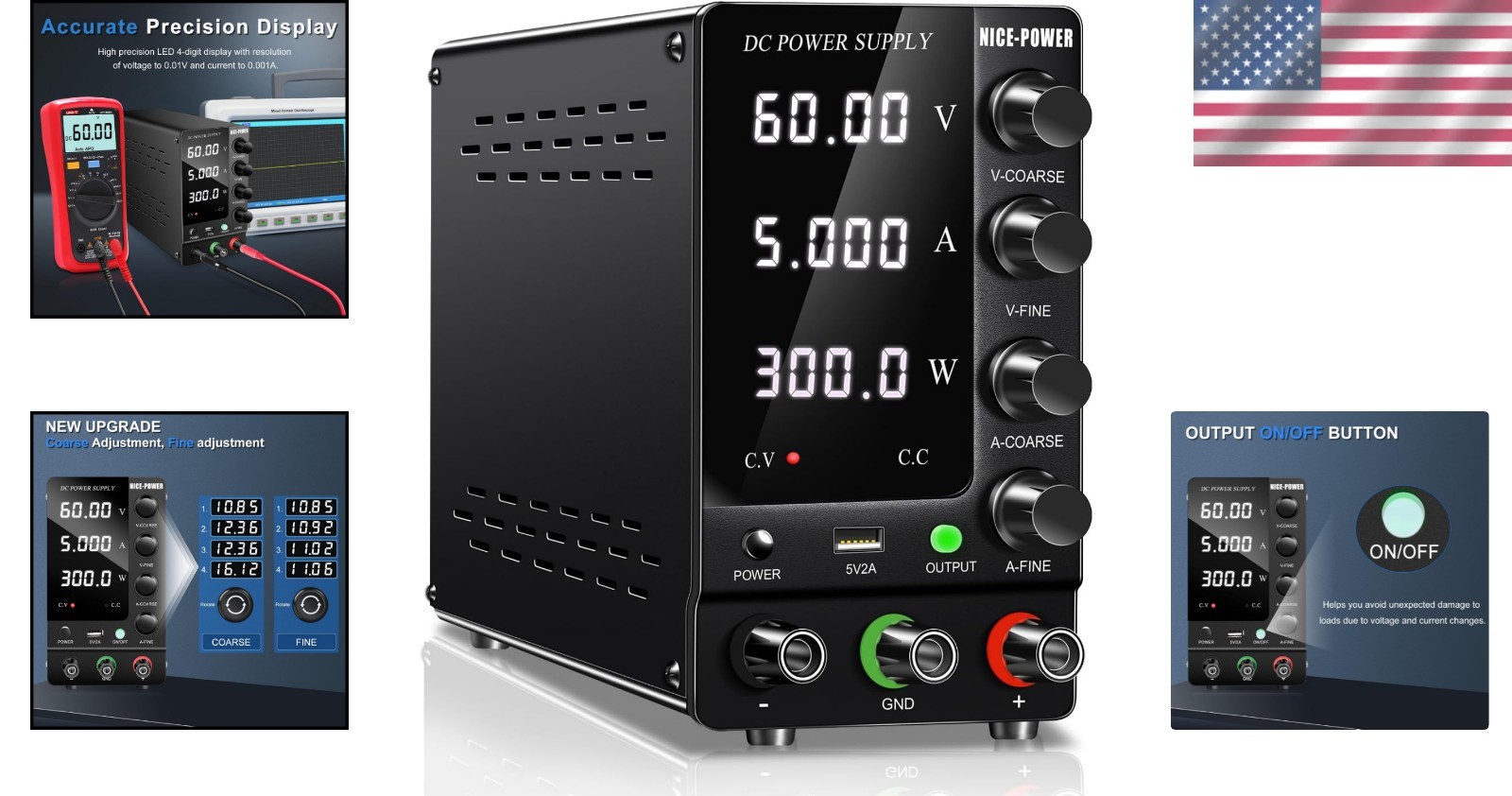 Variable 60V 5A Bench Power Supply: 300W Regulated w/ Output Switch