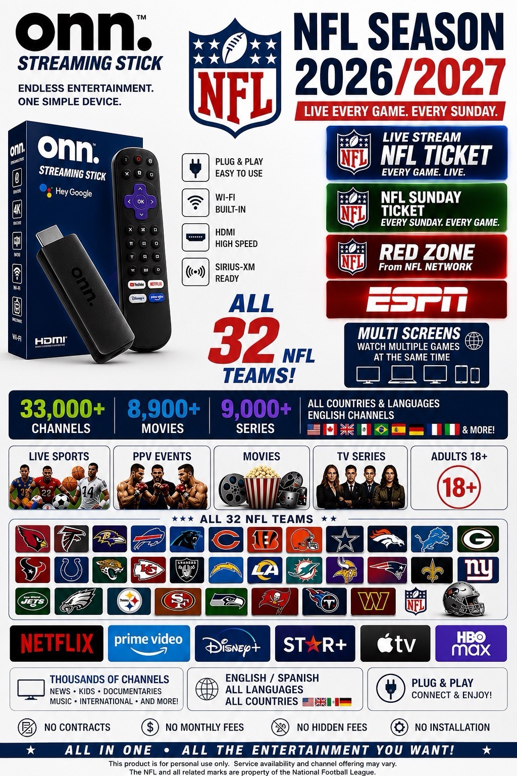 onn. Streaming Stick 4K 2160p HDMI Wi‑Fi Plug & Play Voice Remote Black