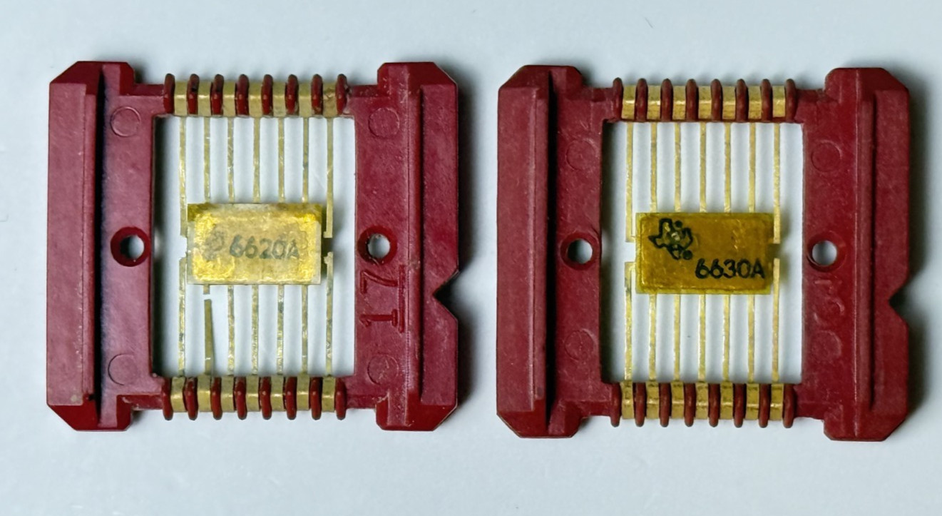 Two 1966 Texas Instruments Integrated Circuits (IC) in Red Carriers