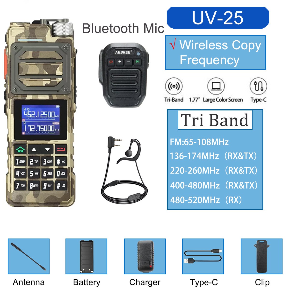 BAOFENG UV-25 WALKIE TALKIE LONG RANGE TRI-POWER TWO WAY RADIO&BLUETOOTH MIC US