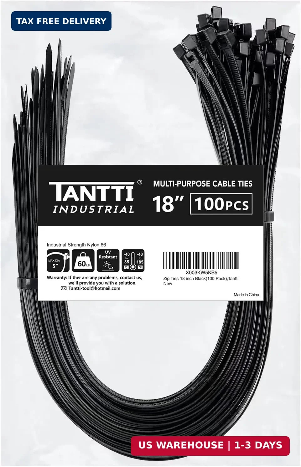 Zip Ties 18 inch (100 Pack), Black, 60lb Tensile Strength, UV Resistant Cable Ti