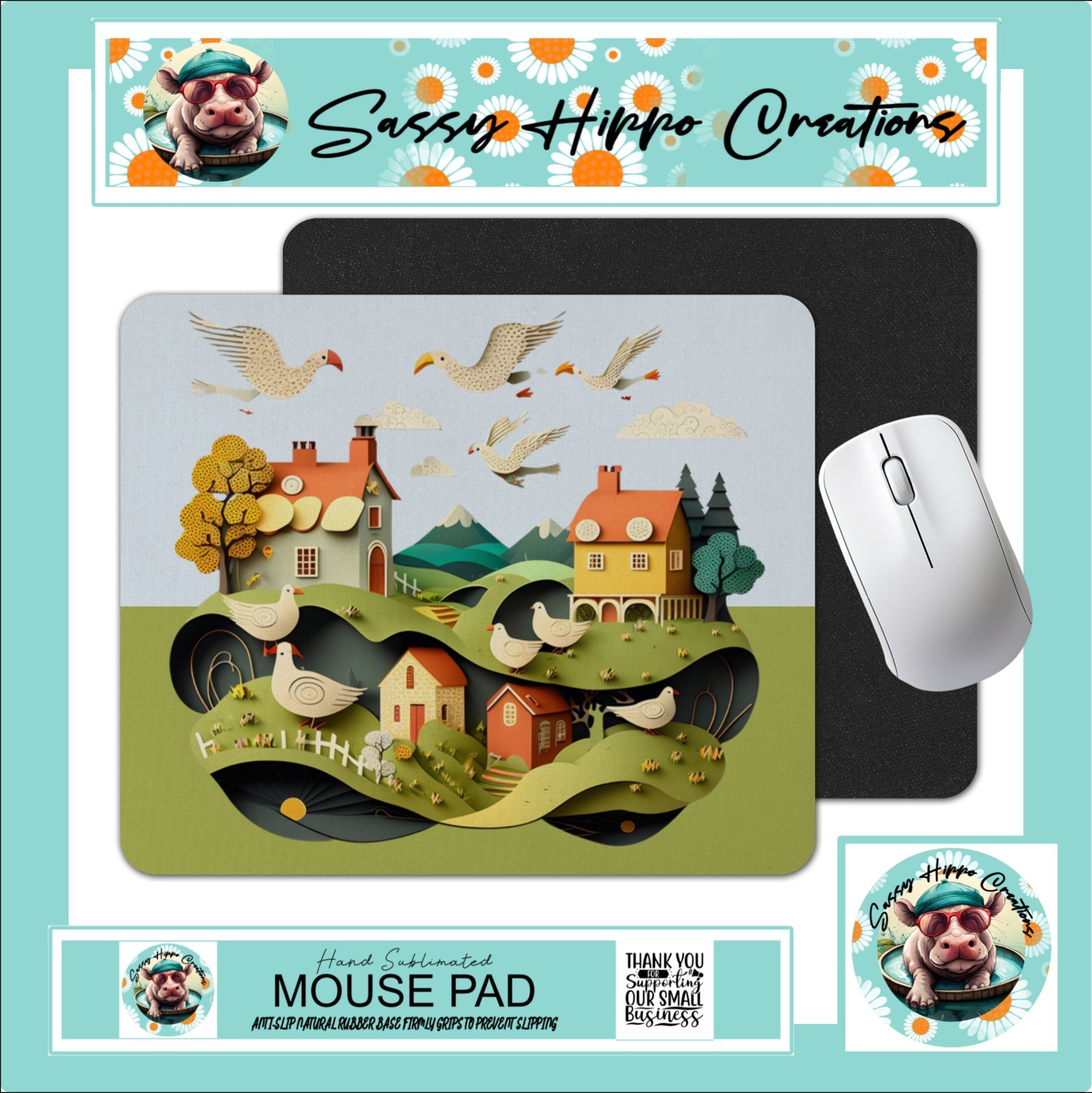 Mouse Pad Quaint Fairytale Village Hillside Anti Slip Back Easy Clean Sublimated