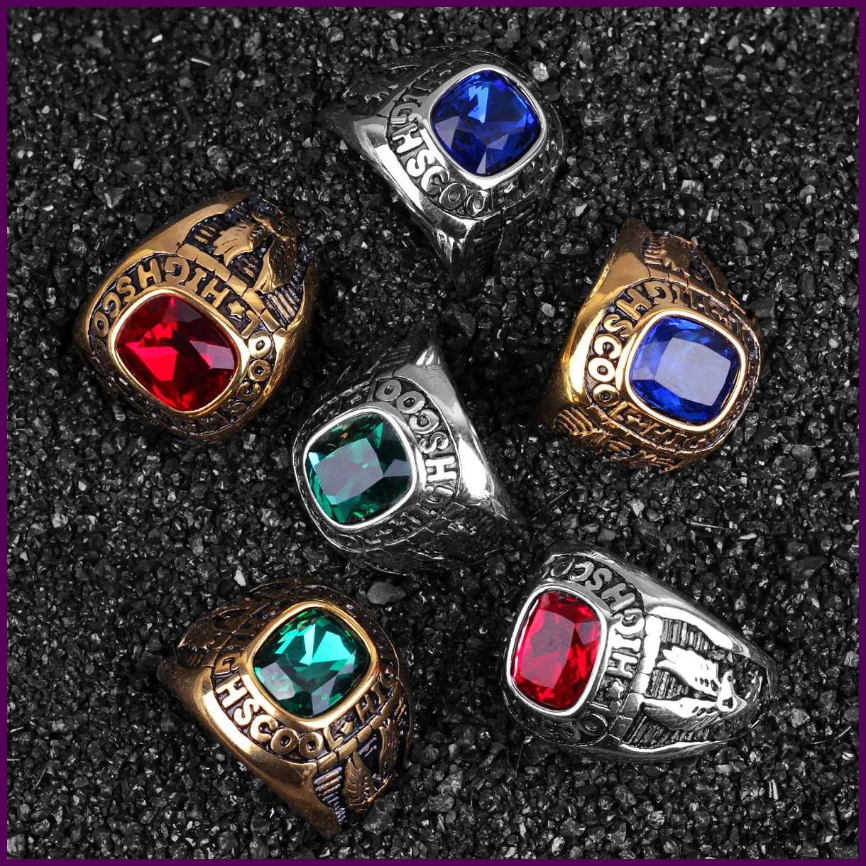 Stainless Steel Men Rings Rhinestone Eagle Punk High School Biker Jewelry Gift