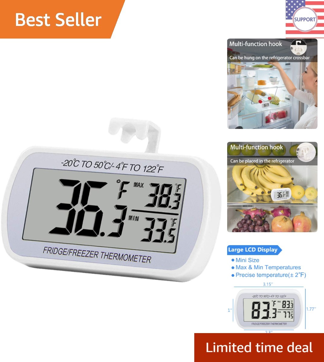 Large LCD Waterproof Fridge Thermometer with Accurate Max/Min Recording Function