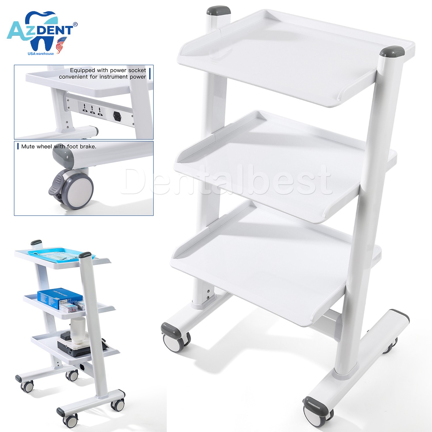 3-Layer Dental Trolley Medical Cart Tool Cart Mobile Instrument Cart AZDENT