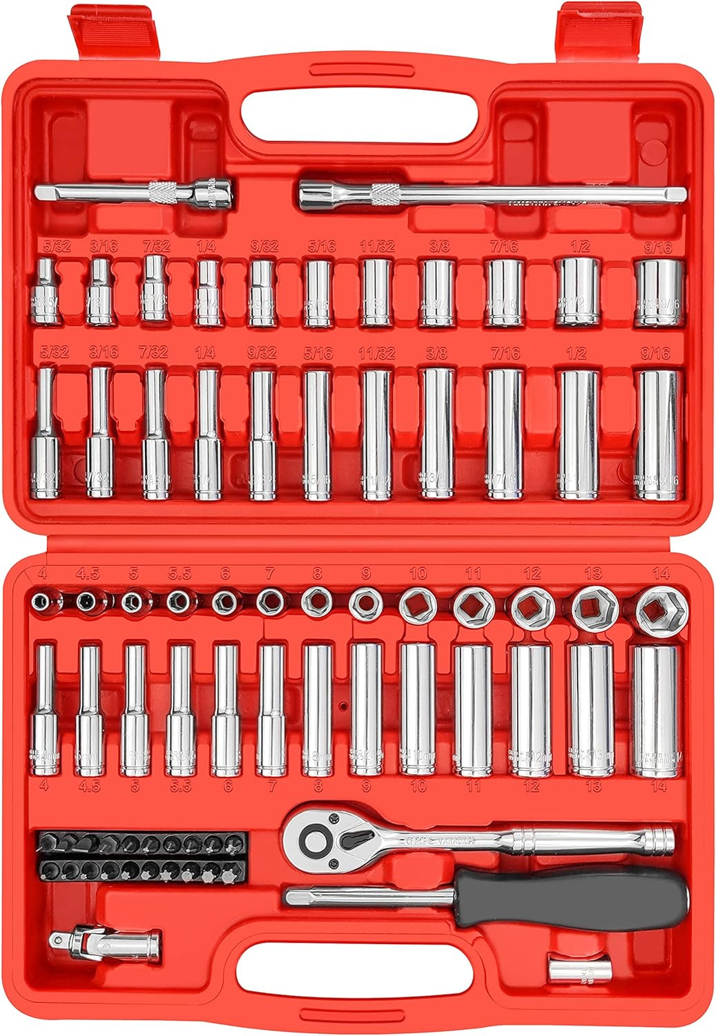 74 Pcs 1/4" Drive Socket Set,1/4-Inch Drive Master Socket Set with Ratchets,Exte