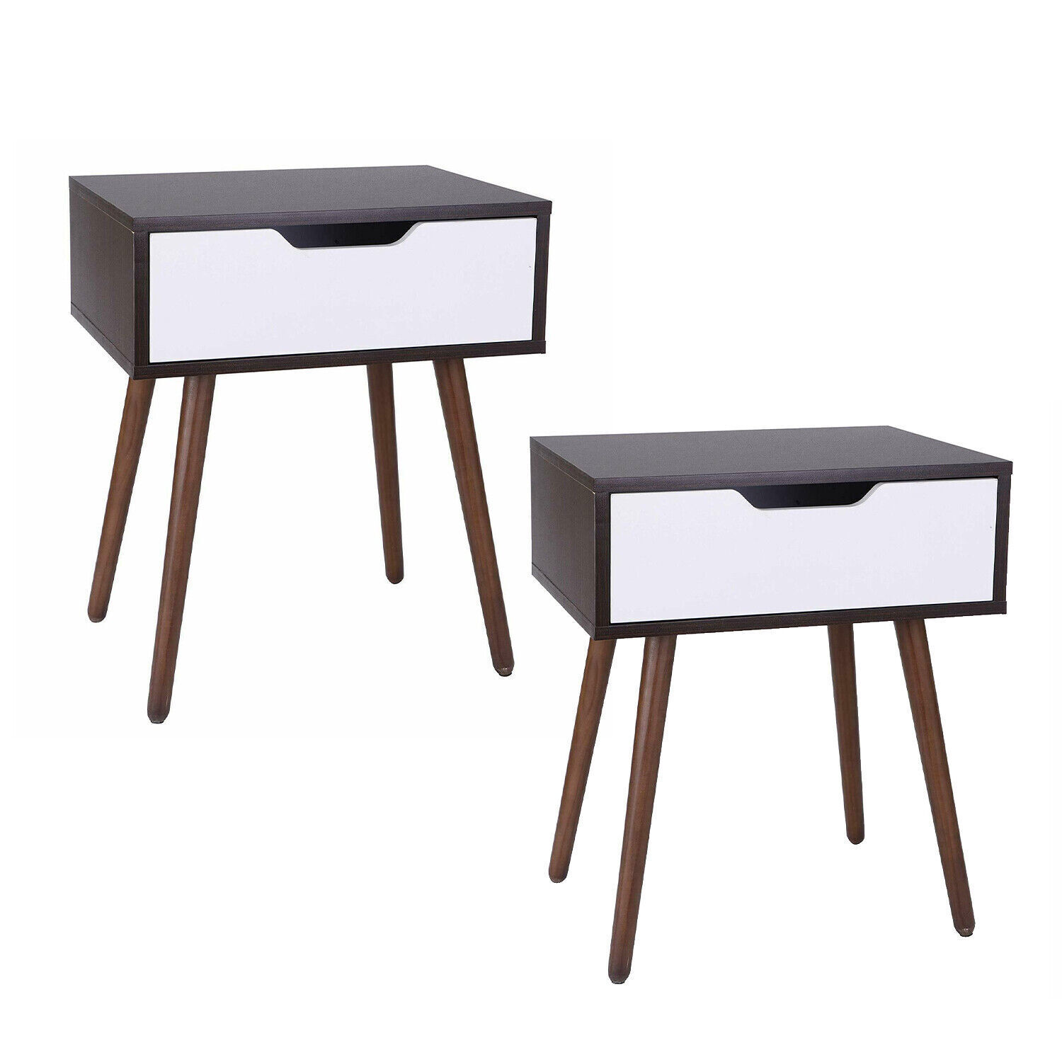 2pcs Side End Table w/ Drawer with Sliding Drawer Smiley Handle Bedroom Wooden