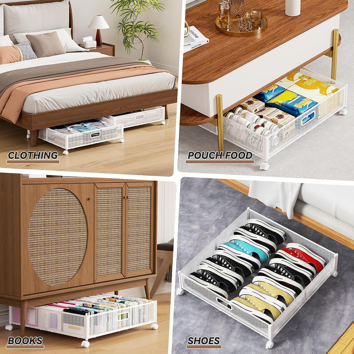 Under Bed Storage with Wheels & Handle,Metal,Large,4 Pack,White | Tool-Free Asse