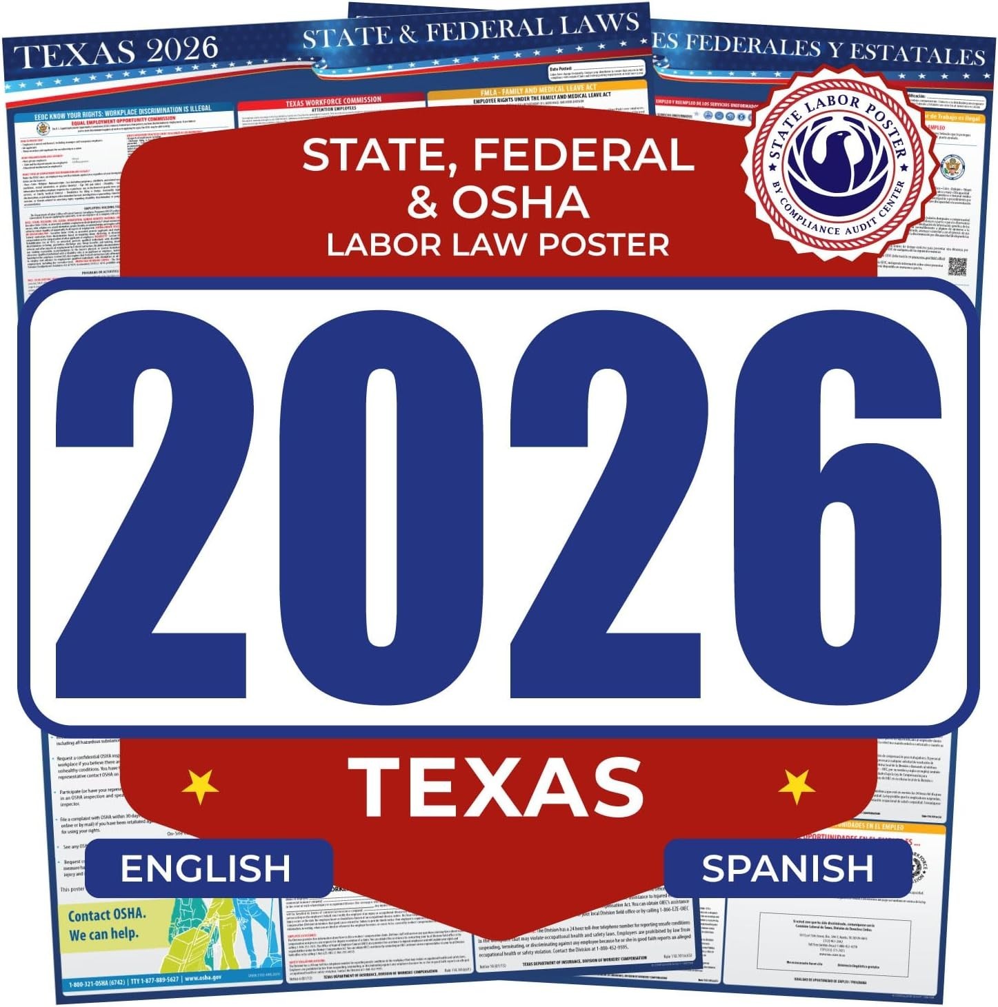 2026 Texas State and Federal Labor Law Poster - English Spanish Combo - OSHA 128