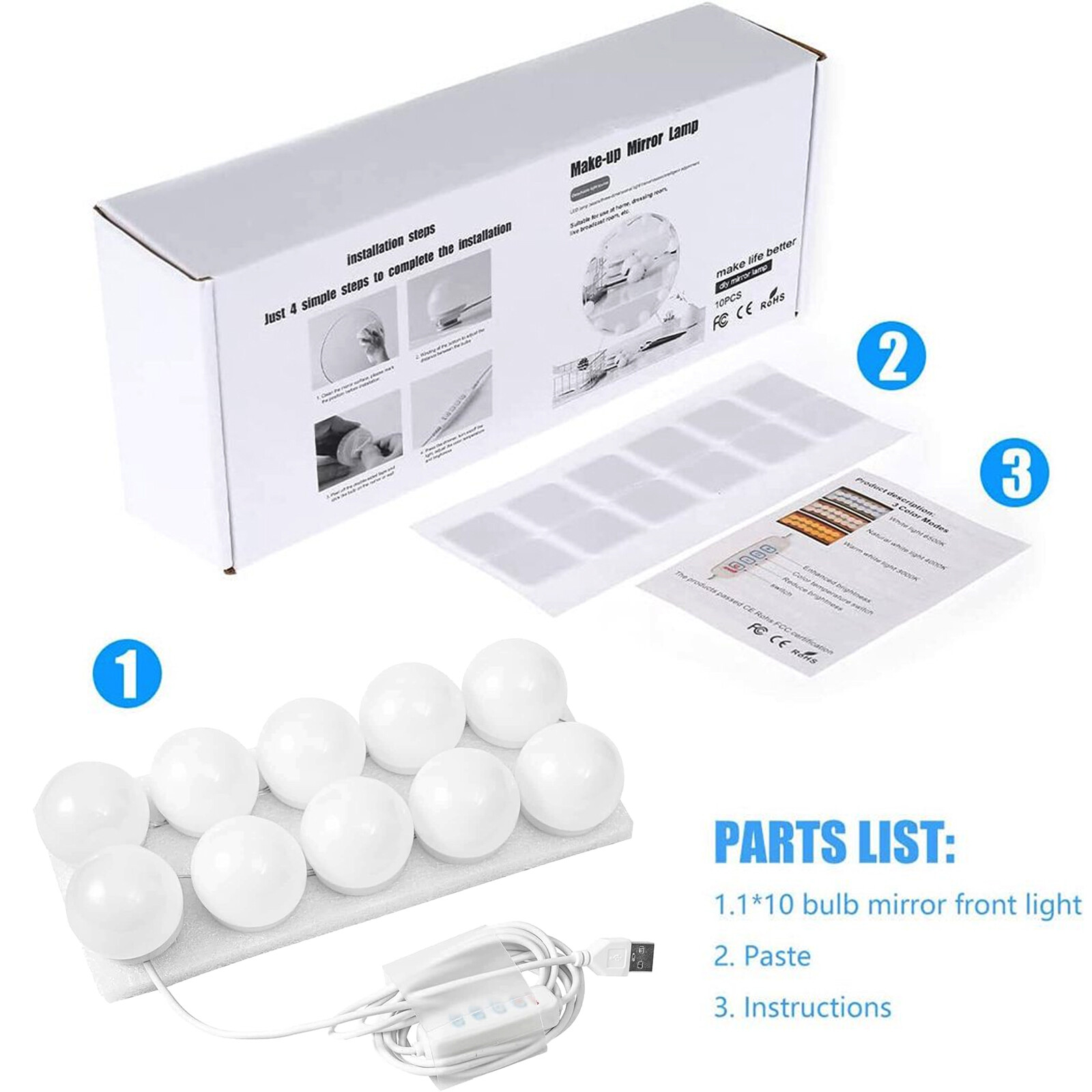 Vanity Light: Make Up Mirror with 10 LED Kit Bulbs & Dimmable Hollywood Lamp