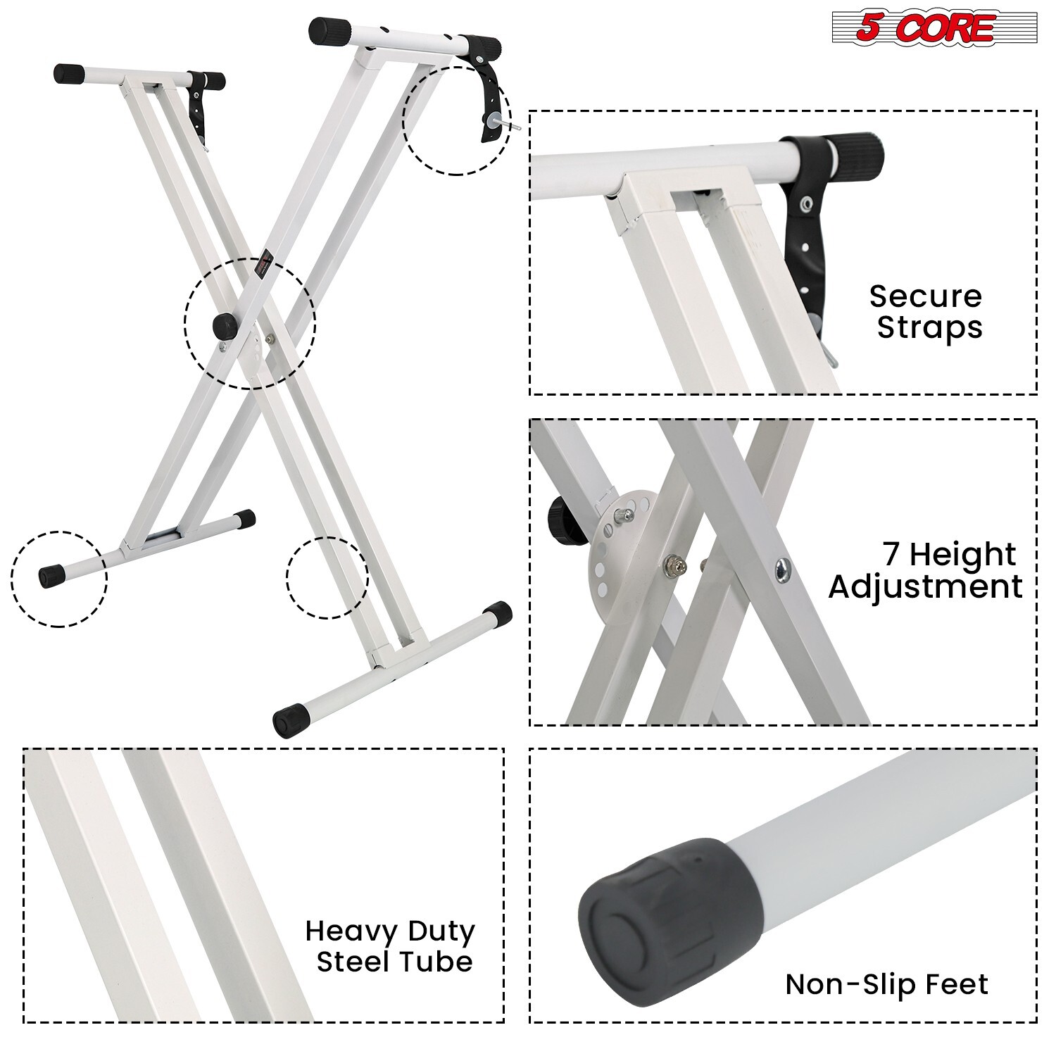 5Core Keyboard Stand Double XStyle Adjustable Piano Riser + Keyboard Piano Bench