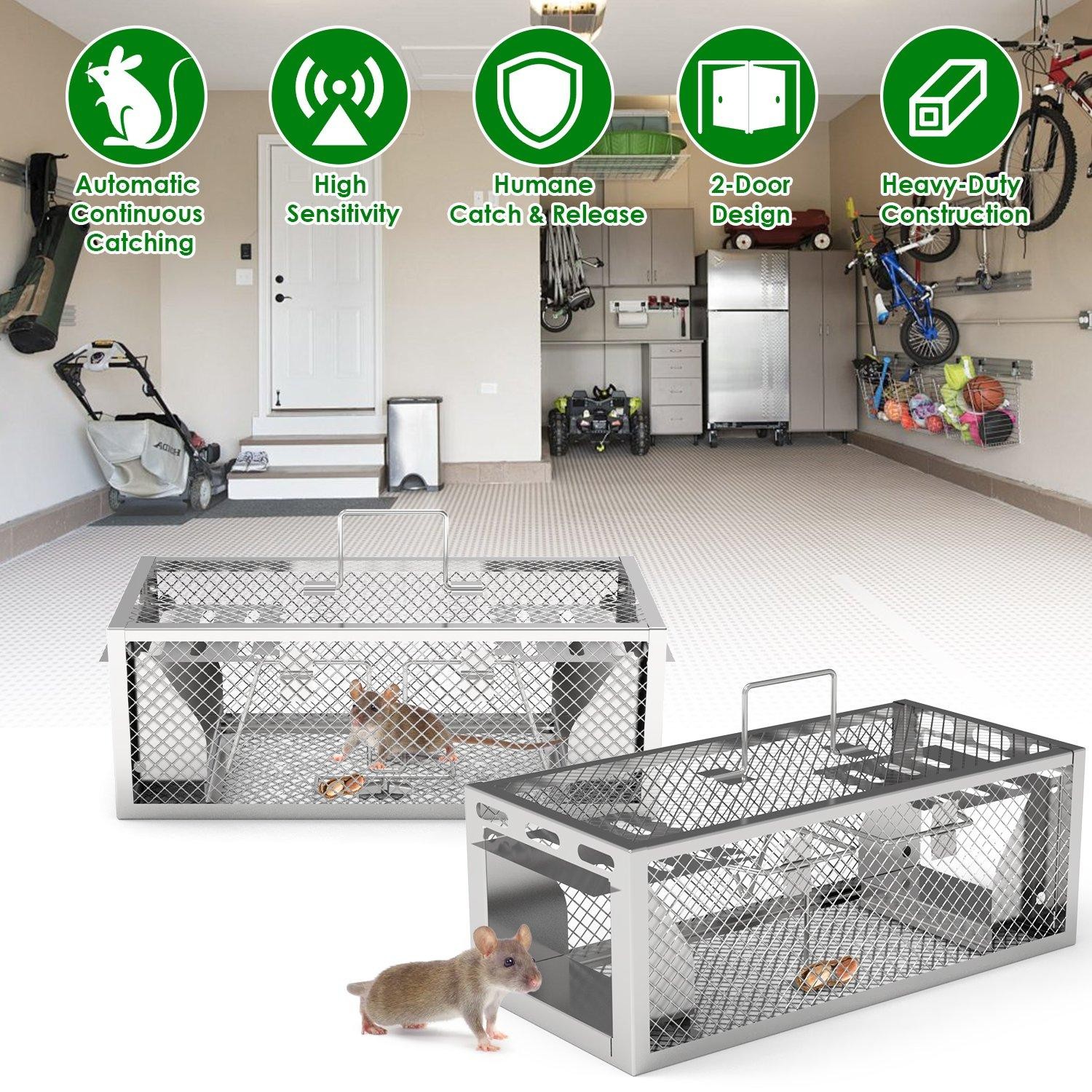 2Pack 11.81x5.63x4.45" 2-Door Humane Rat Trap Automatic Continuous Mo Reusable