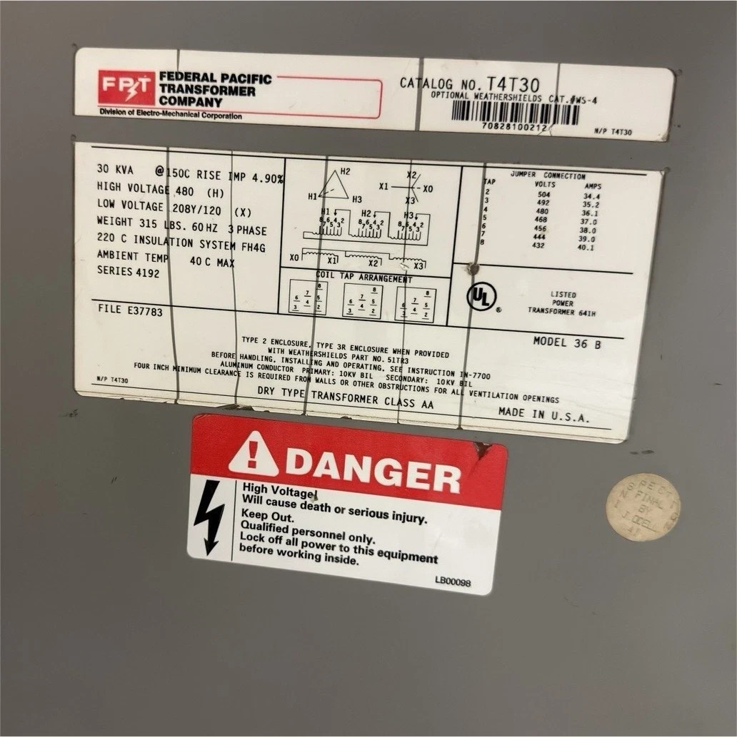 Federal Pacific T4T30 Transformer , 3PH , Primary 480 , Sec. 208Y/120 (X)