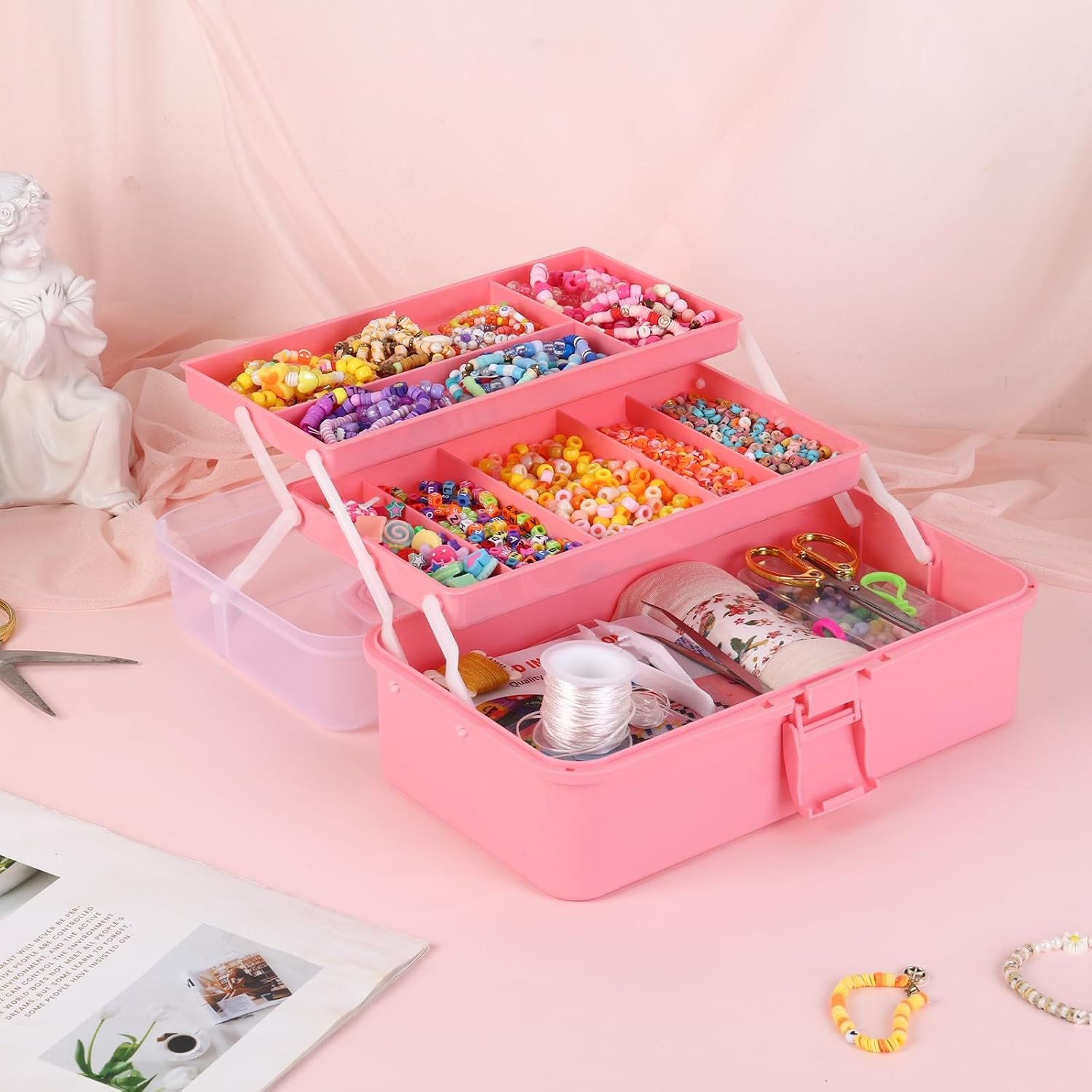Hair Accessories Box,3-Layer Craft Tackle Art Tool Organizer Pink | 3-Layer Fold