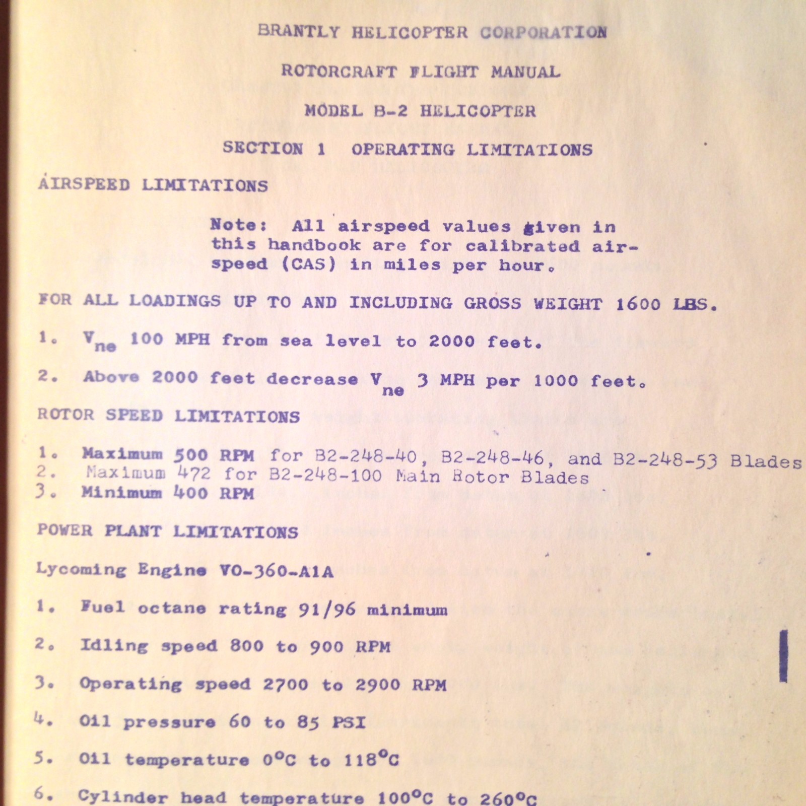 Original Brantly B-2 Helicopter Rotorcraft Flight Manual