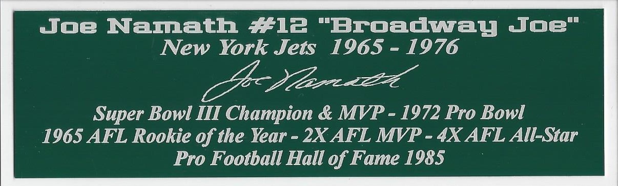 Joe Namath Autograph Nameplate New York Jets Autograph Helmet Jersey