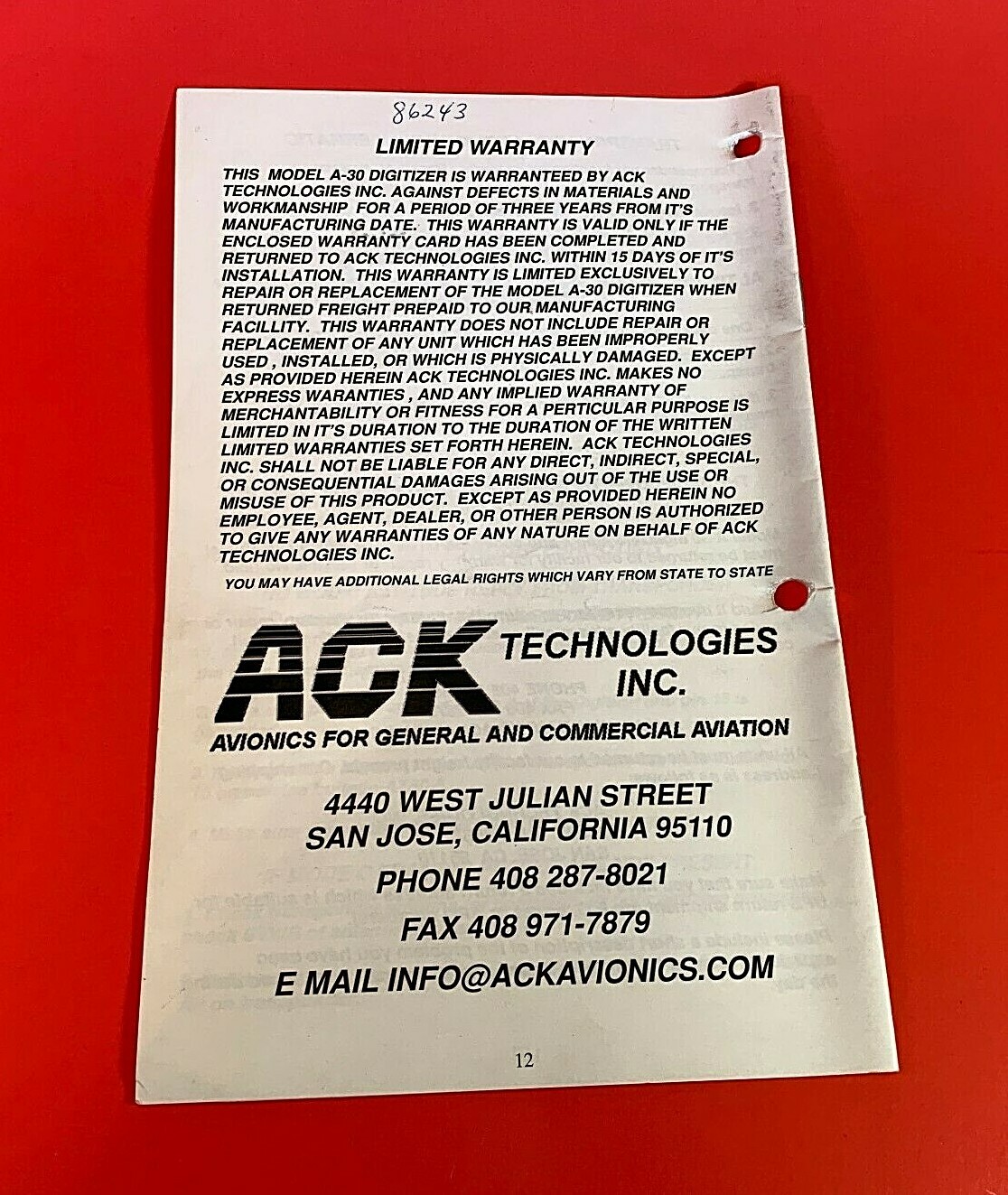 2003 ACK Technologies Model A-30 Altitude Digitizer Manual A30M Revision 3