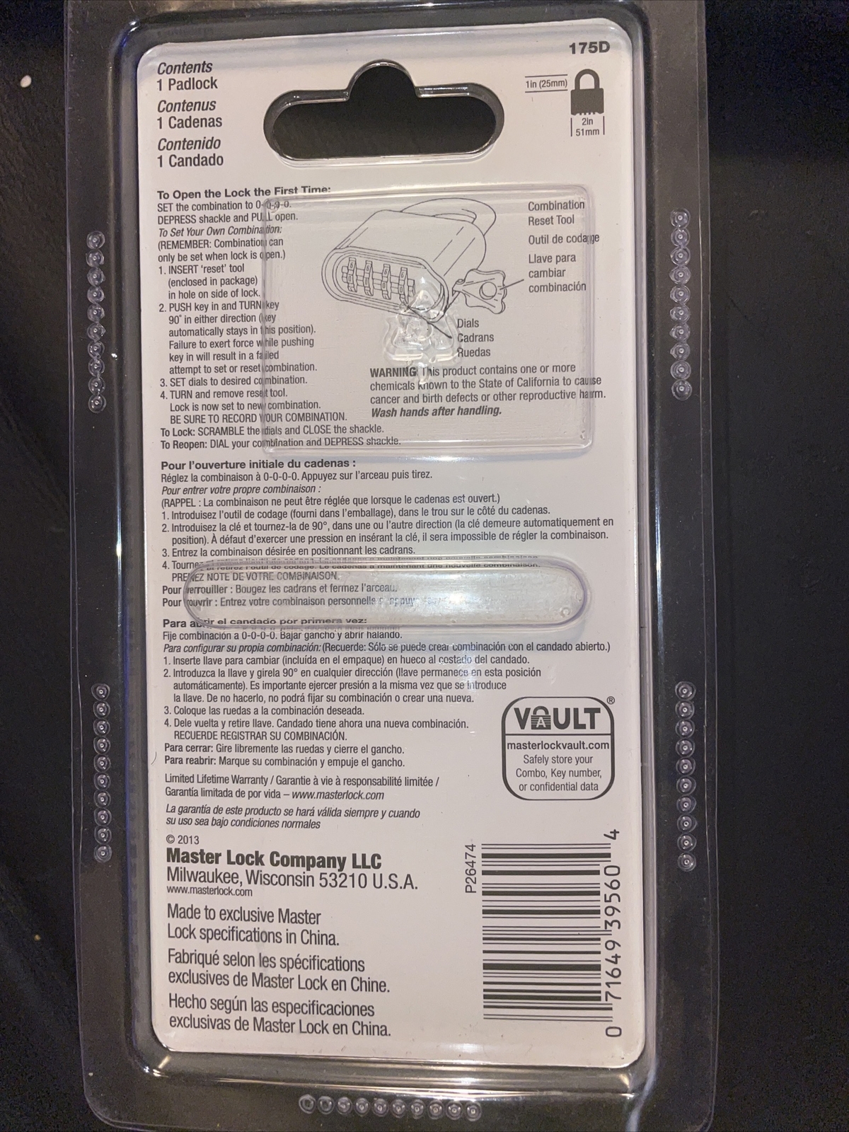 NIB Master Lock 175D Combination Padlock, Set your own combination