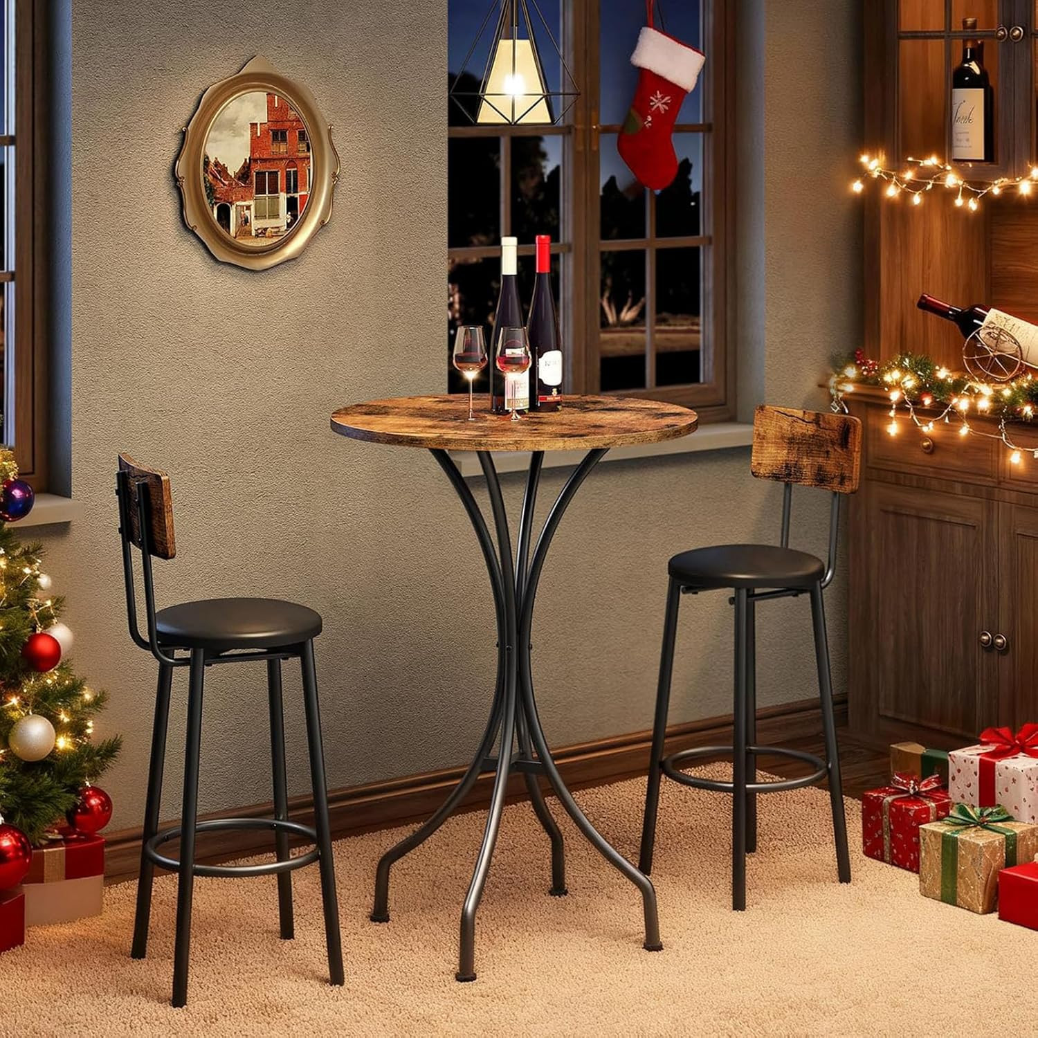 Round High Top Bar Table for Kitchen, Pub, Bistro, Rustic Brown/Black