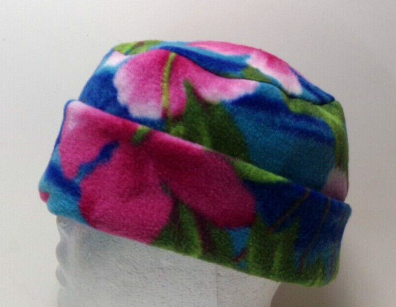 BLUE  W/ RED FLOWERS   FLEECE ROLLED BRIM WINTER HAT THERMAL STRETCHY  h88cr