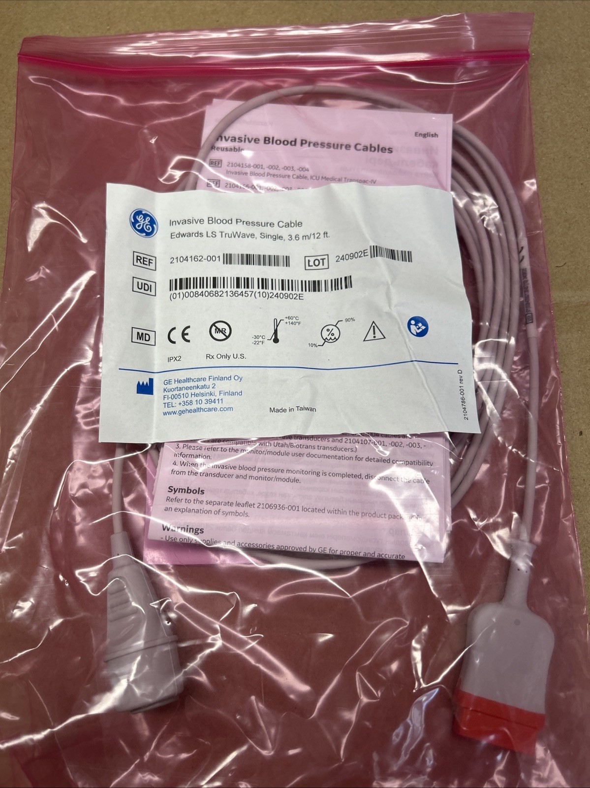 GE Healthcare 2104162-001 Invasive Blood Pressure Cable for Edwards LS TruWave