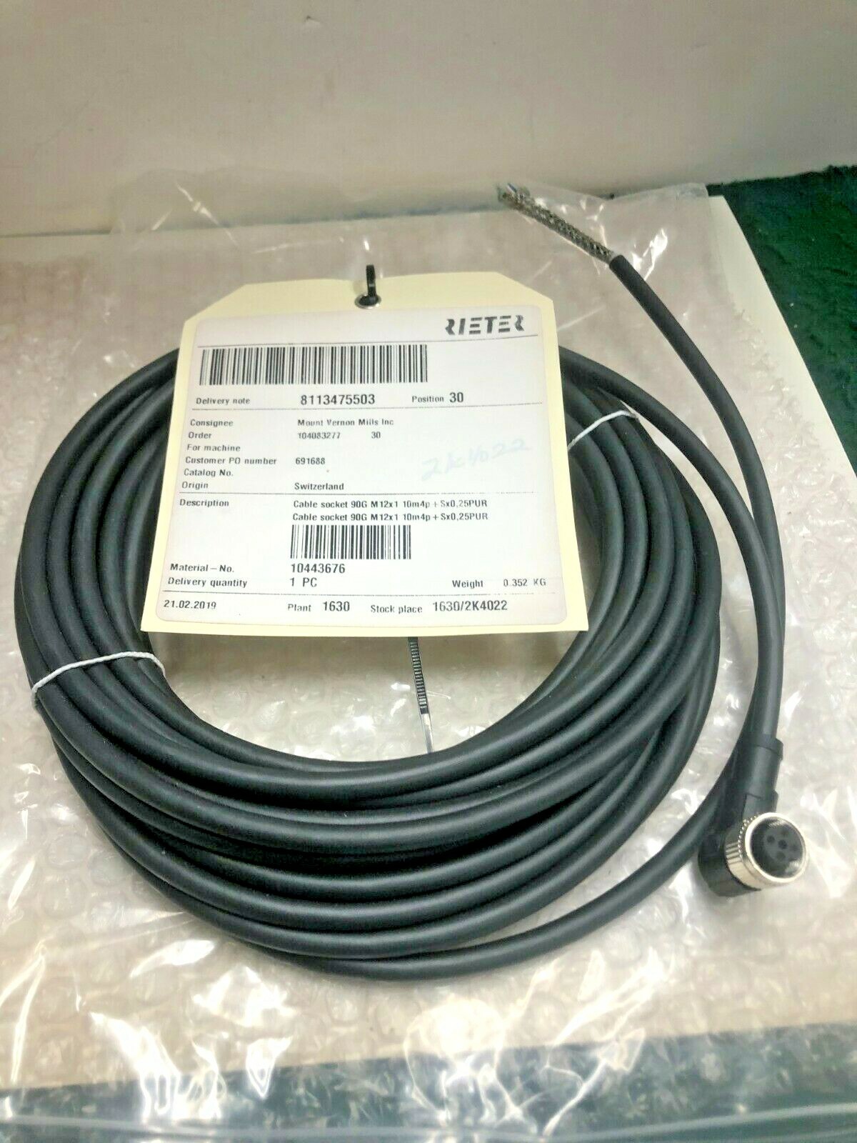 NEW RIETER CABLE SOCKET 90G M 12X1 10M4P+SX0,25PUR
