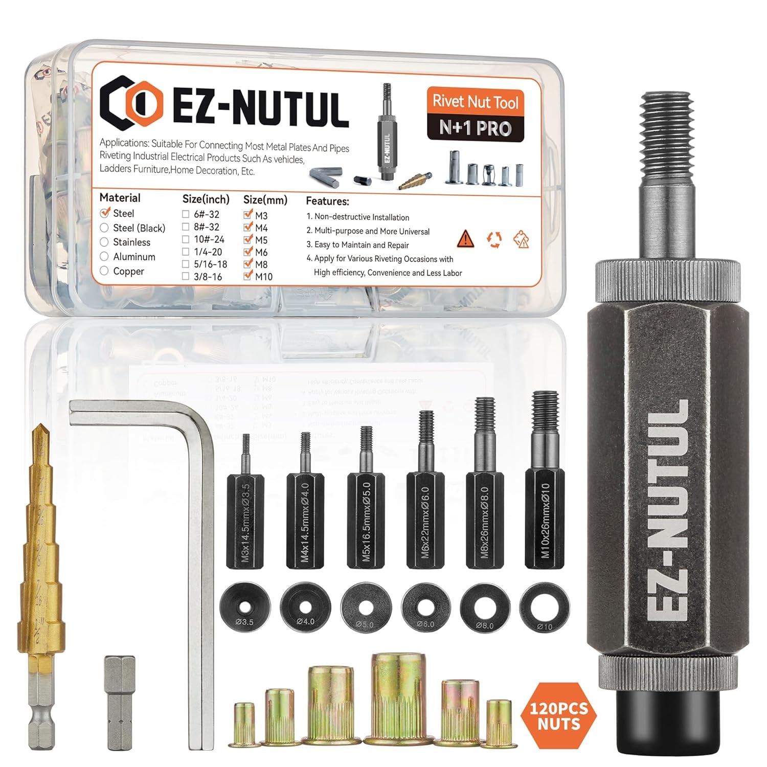 Rivet Nut Installation Tool Metric 120pcs Flat Head Rivnut Threaded Insert Kit