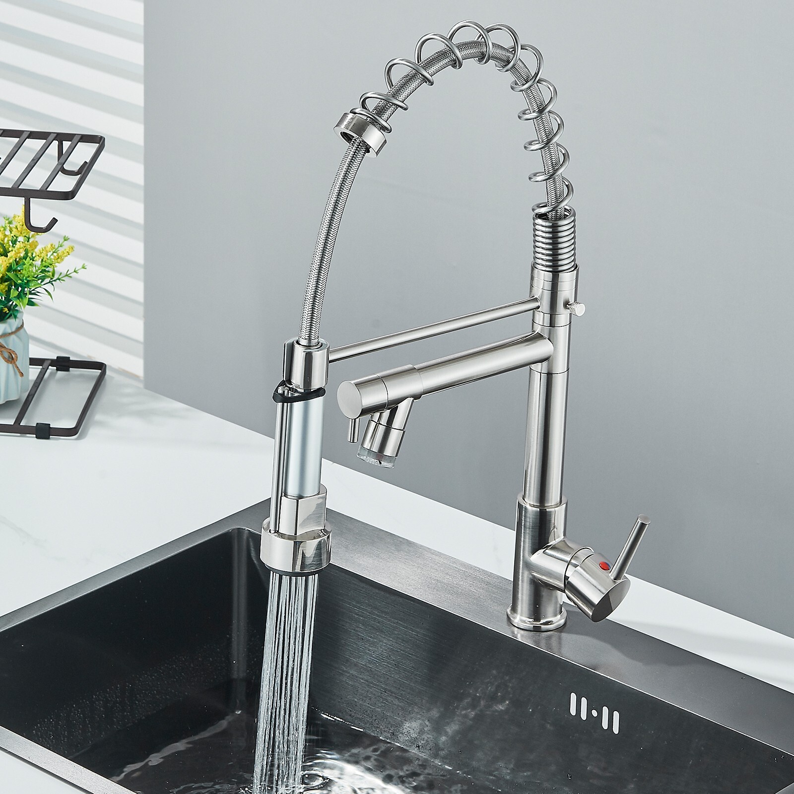 Brushed Nickel Kitchen Sink Faucet Pull Down Sprayer Swivel Single Handle Mixer