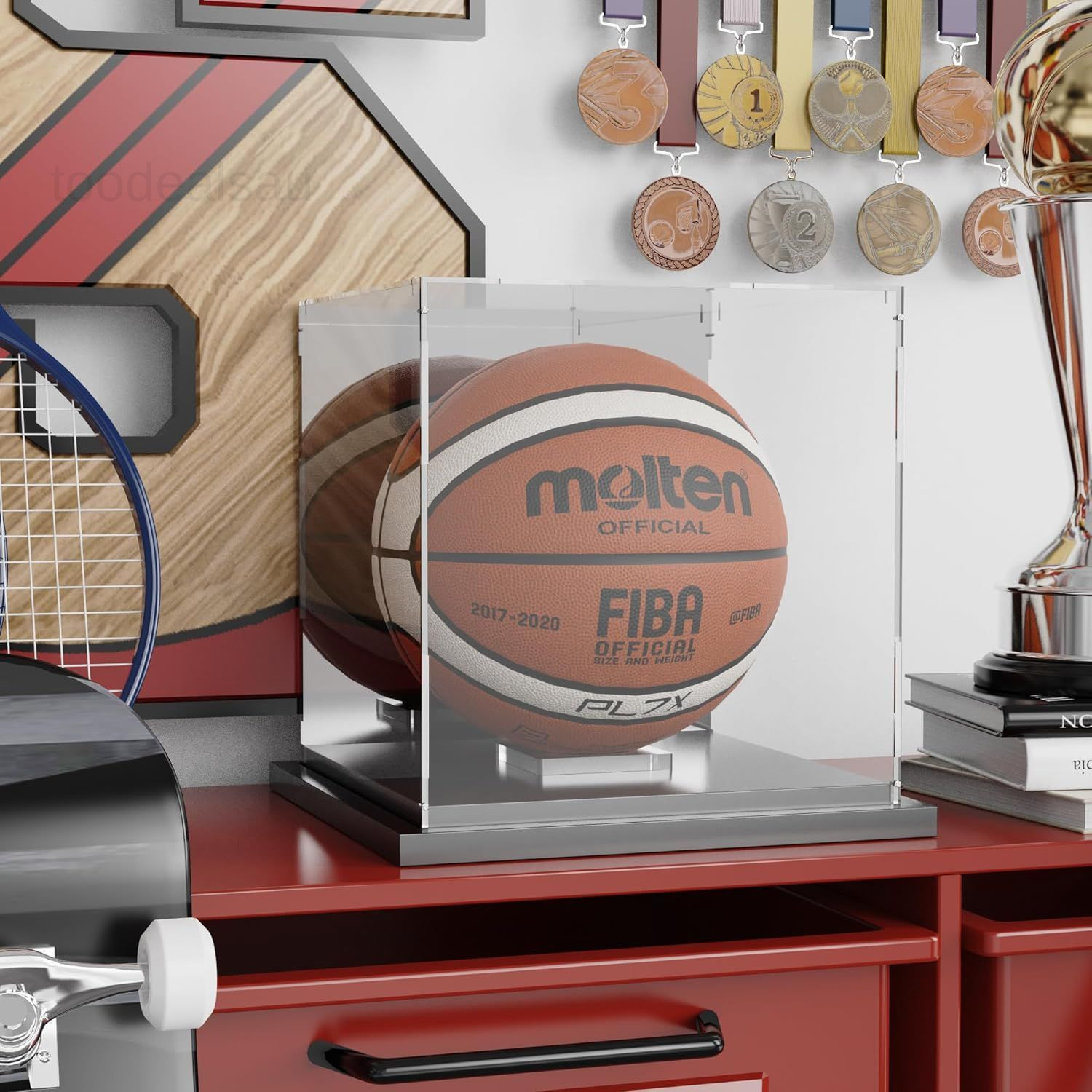 Basketball Display Case with Mirror Back and Black Case, Clear