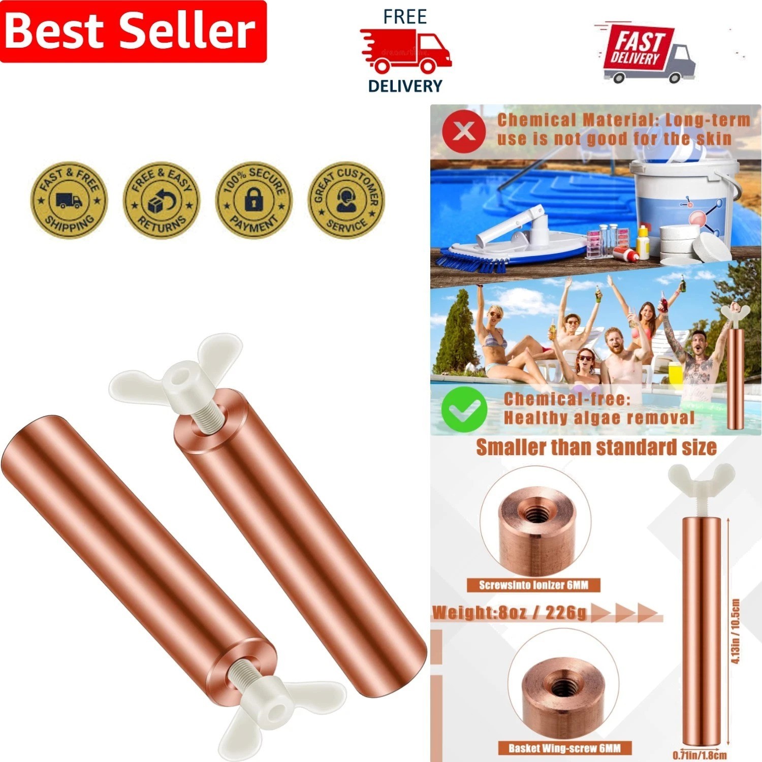 Chlorine-Saving Solar Copper Anodes, 4.13" L for Clear & Clean Pools - 2 Pack