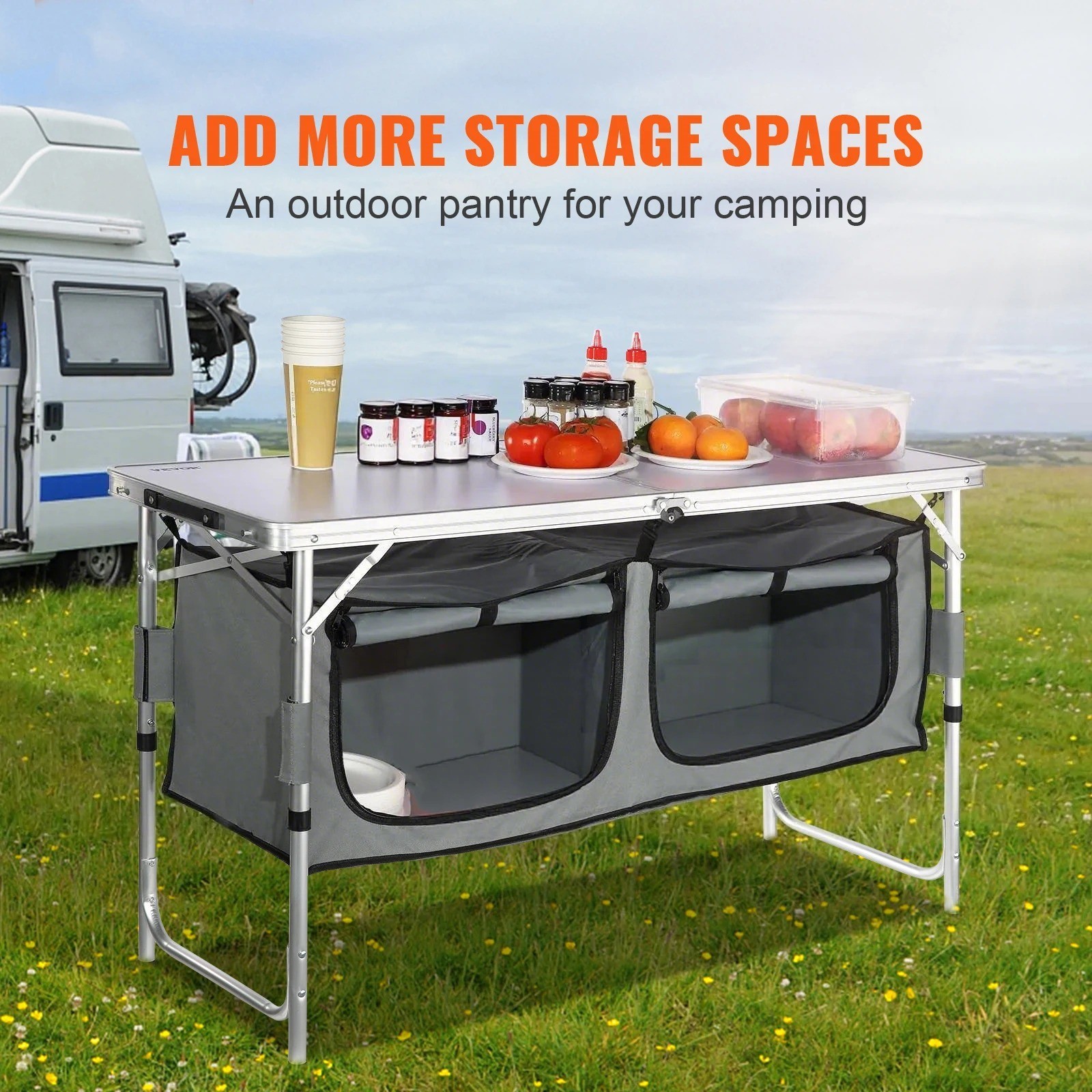 Camping Kitchen Table Adjustable MDF Cook Station Outdoor Portable Foldable