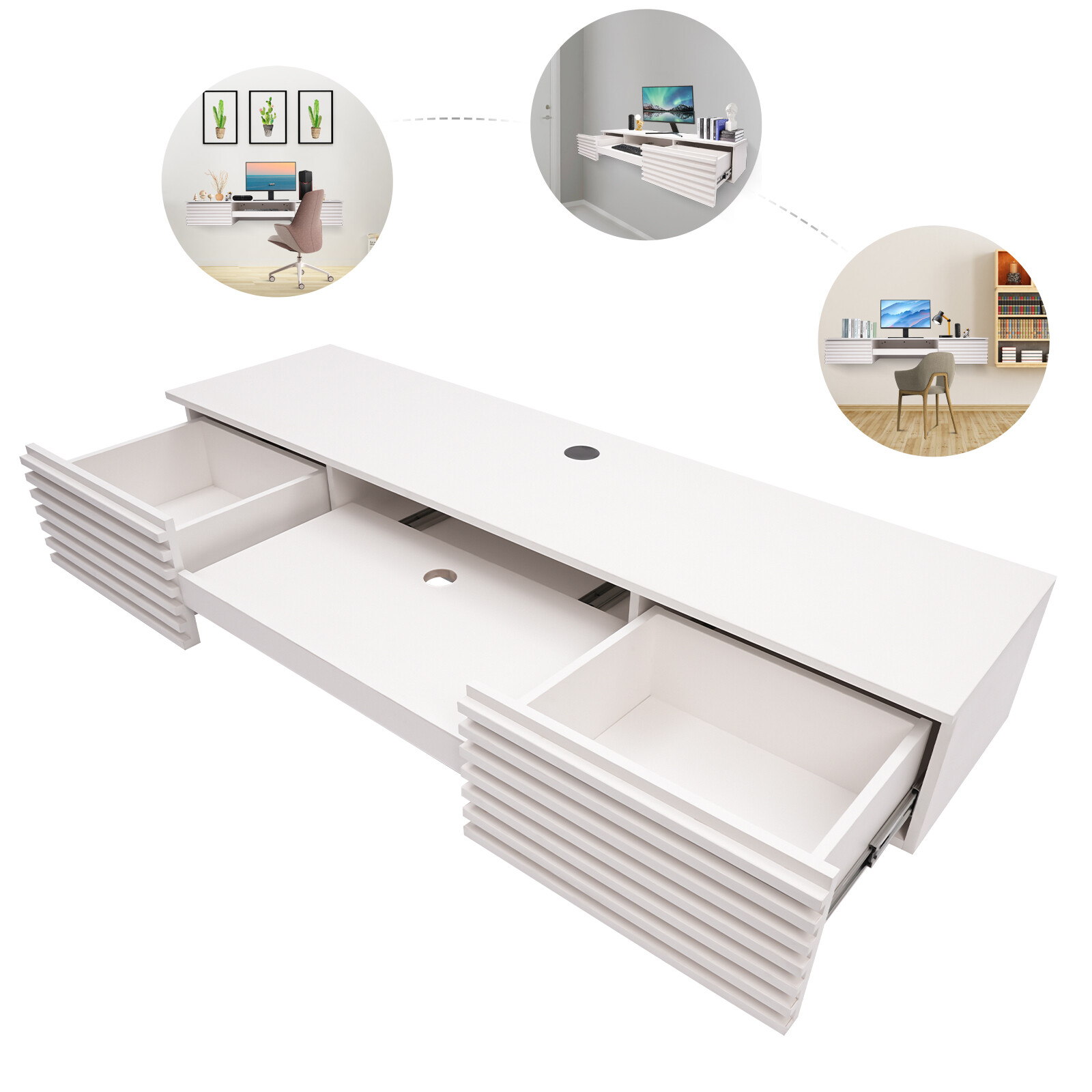 White Floating Wall Mounted Desk with Pull Out Drawer Wall Organizer 120lbs