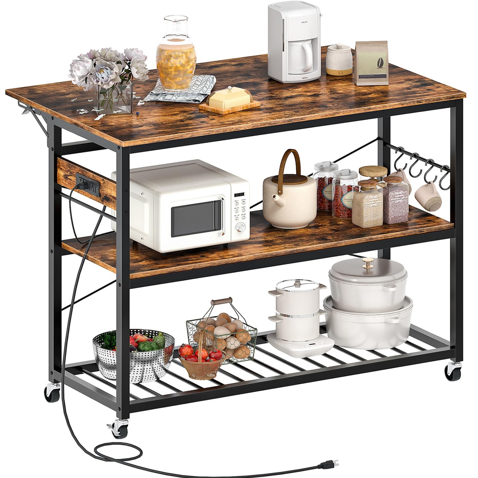 Rustic Kitchen Island with Power Outlet, Folding Top & Wine Rack, Large Size