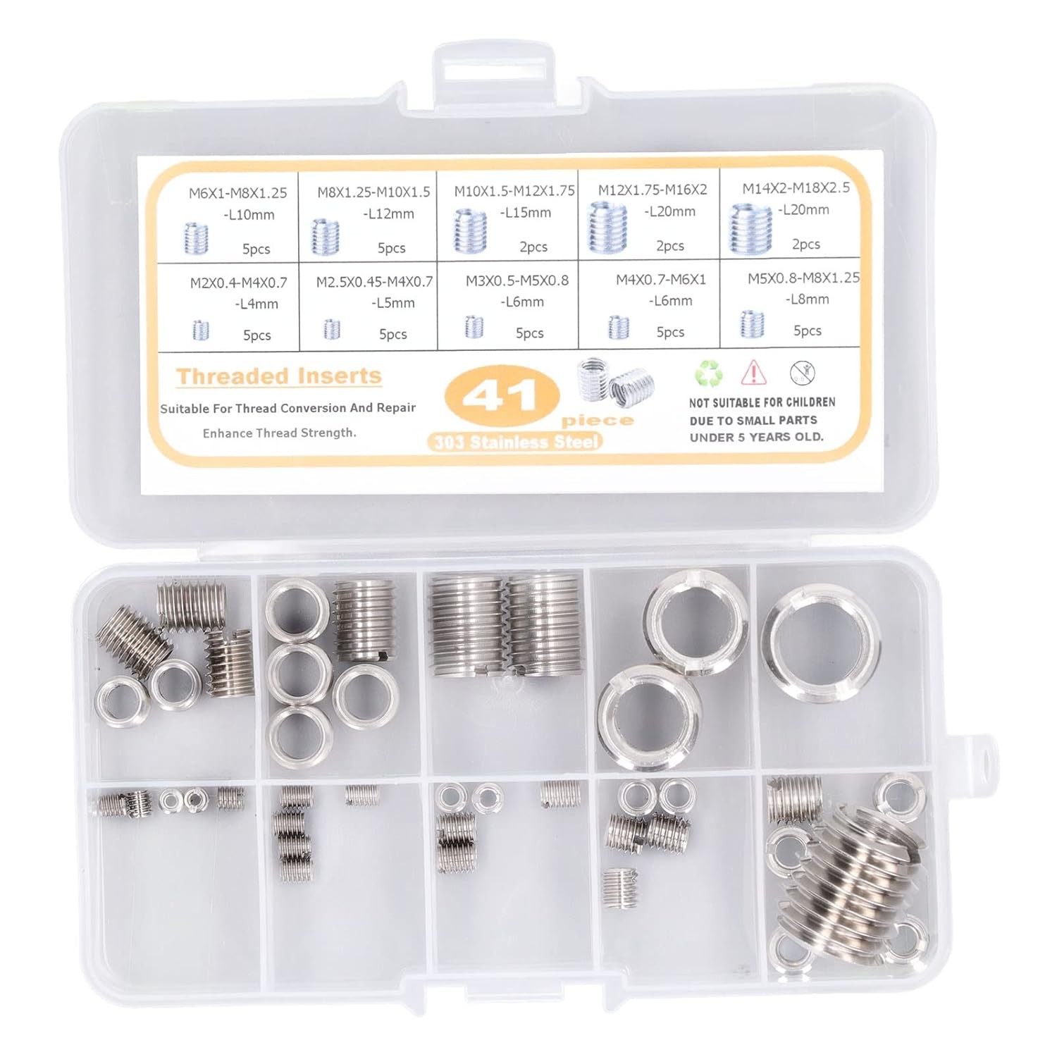 Thread Reducer Nut Assortment 41 Pcs Repair Insert Normal, Silver