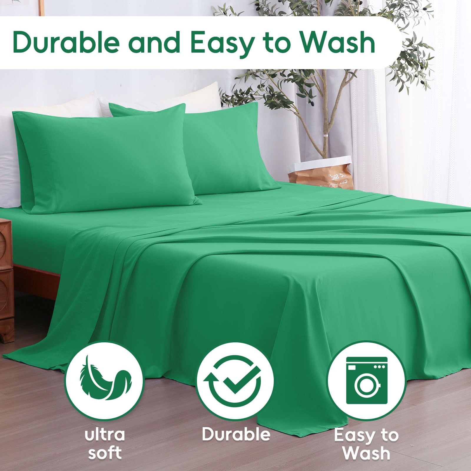 Full Sheet Set 4 Pieces Emerald Green Soft Microfiber 1600 Thread 14-16 Inch