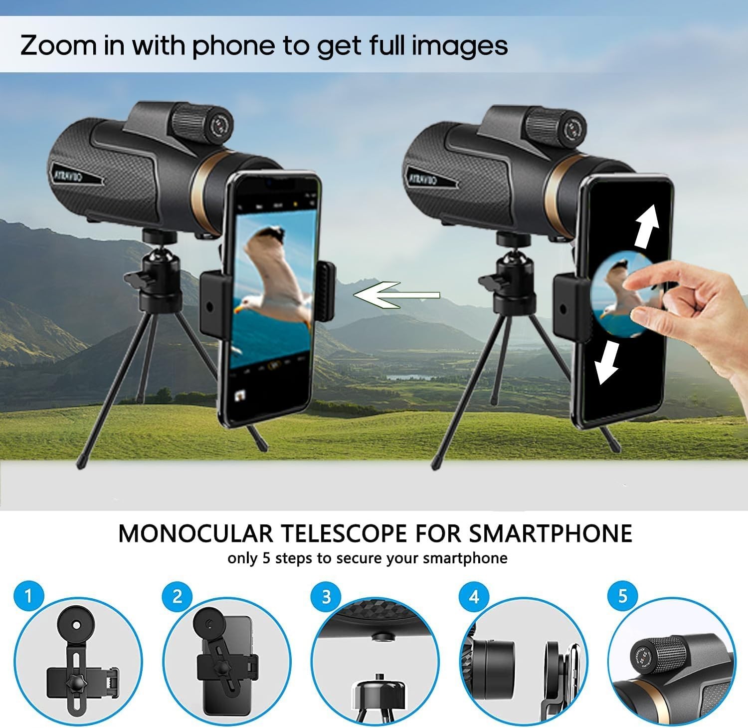 12x60 High Definition Monocular Telescope with Smartphone Adapter High Powered