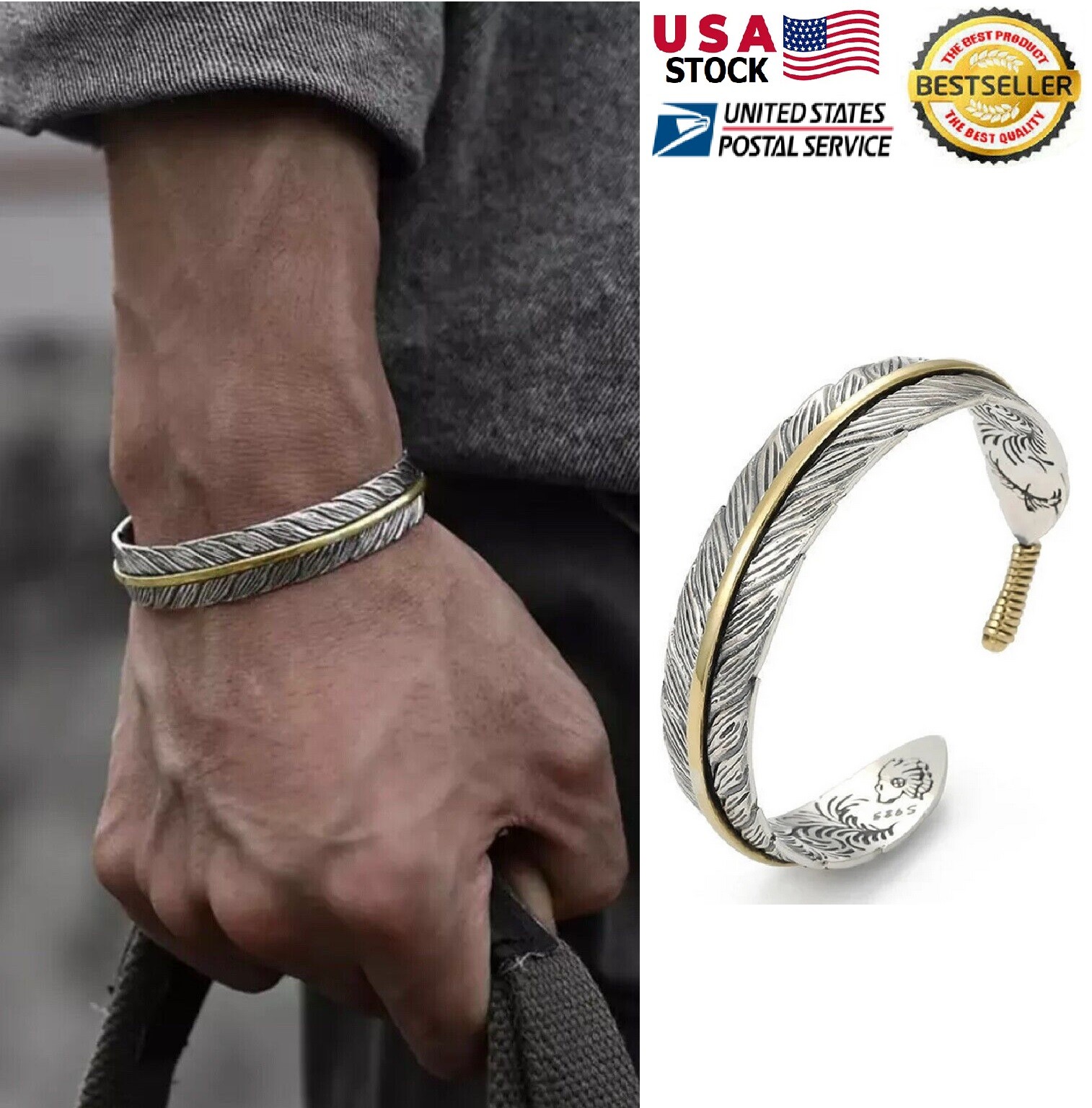 Retro Men's Silver Feather Adjustable Bangle Cuff Bracelet Fashion Jewelry USA