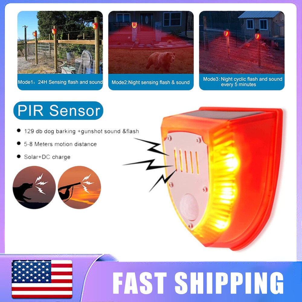 Solar Outdoor Motion Sensor Alarm: 129db Dog Barking & Gunshot Sound,Loud Mot