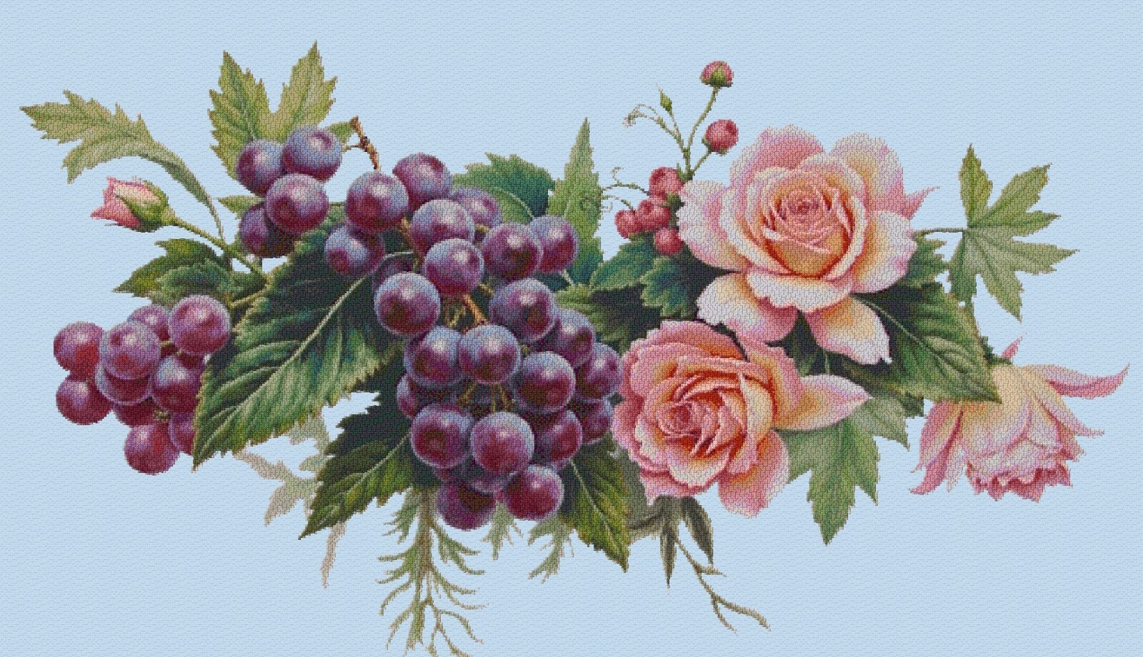 Still Life Grapes & Roses Cross Stitch Design Includes Full Pattern Keeper File