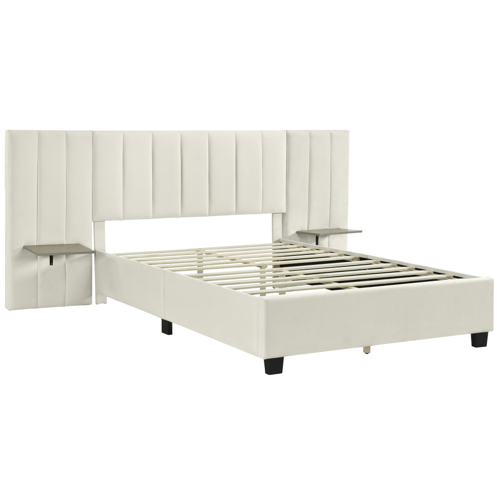 Queen Size Upholstered Platform Bed with Big Headboard, Bedroom Furniture