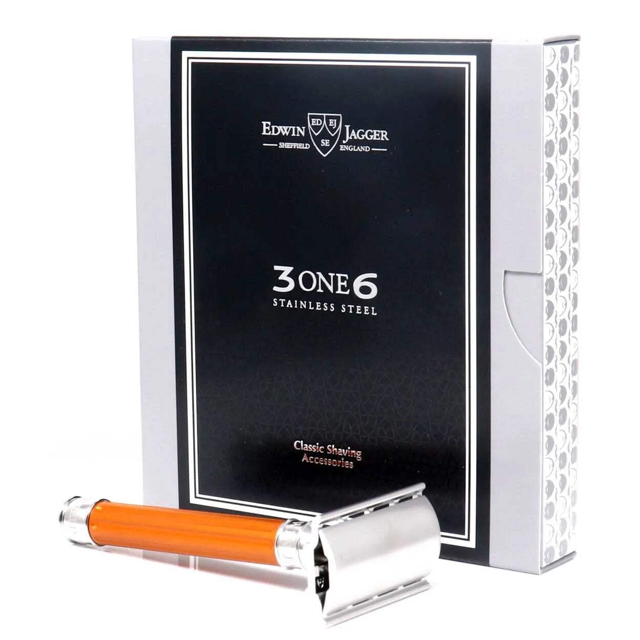 Edwin Jagger 3ONE6 DE Stainless Steel Safety Razor, Grooved, Anodised Orange, 1x