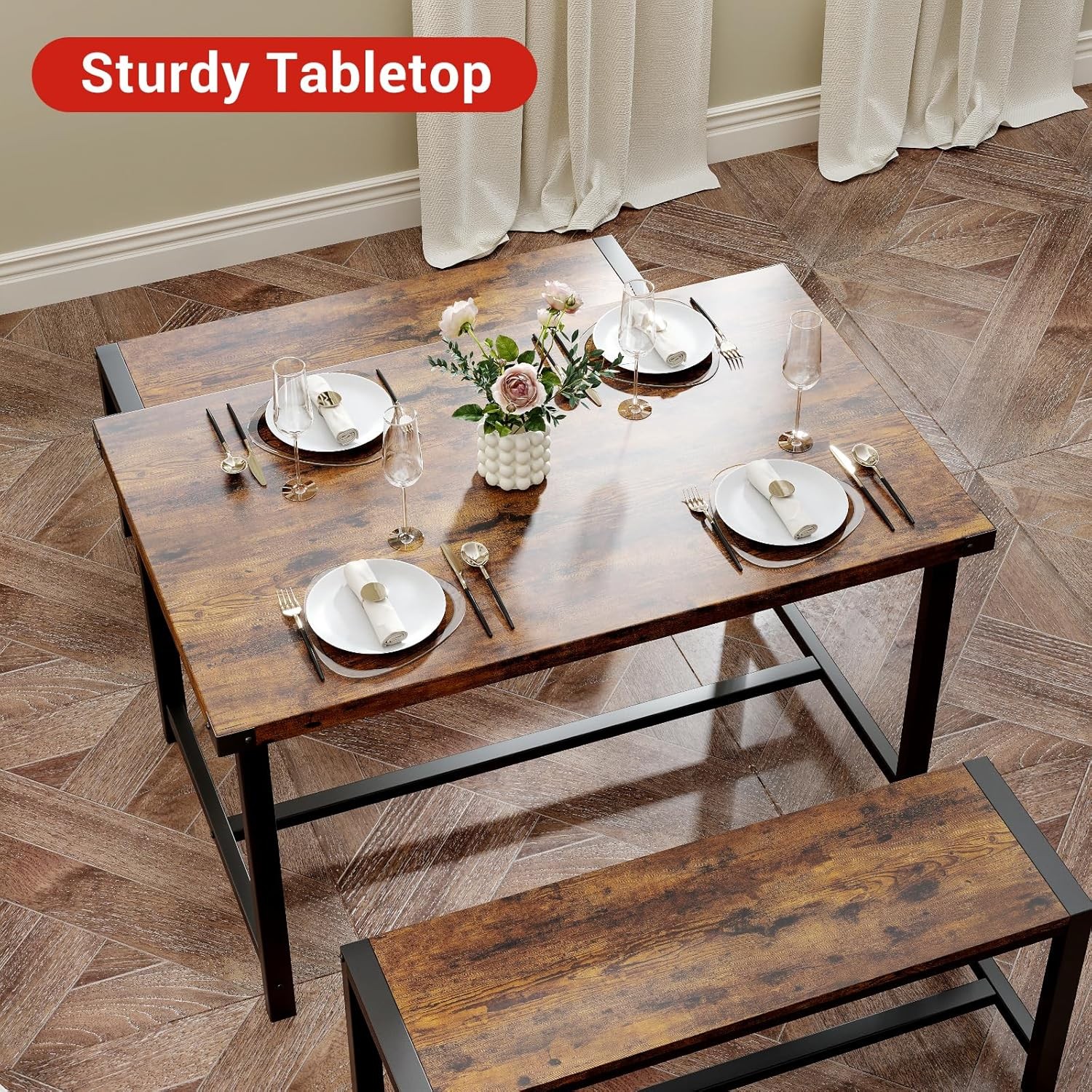 Dining Table with 2 Benches Industrial, 3 Piece Set for Small Kitchen Apartment