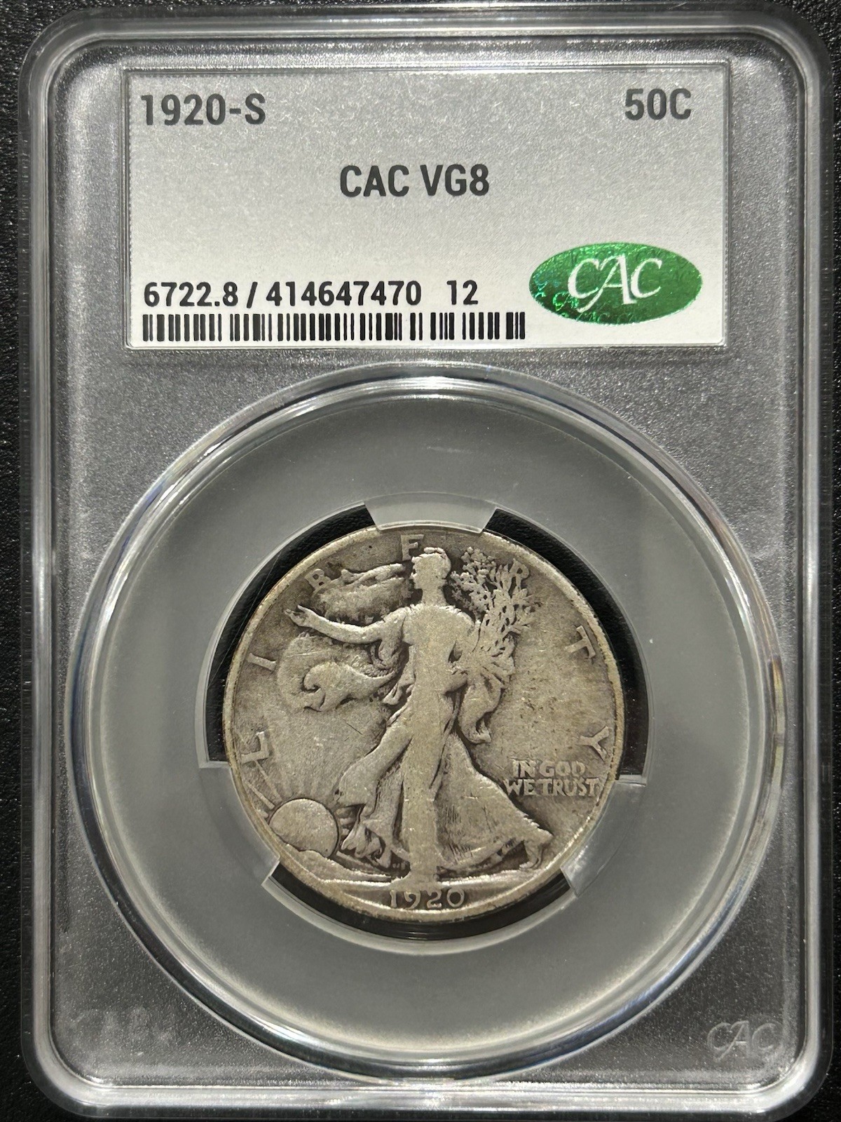 1920-S 50C CAC VG8 Walking Liberty Half Dollar - Very Original CAC Approved