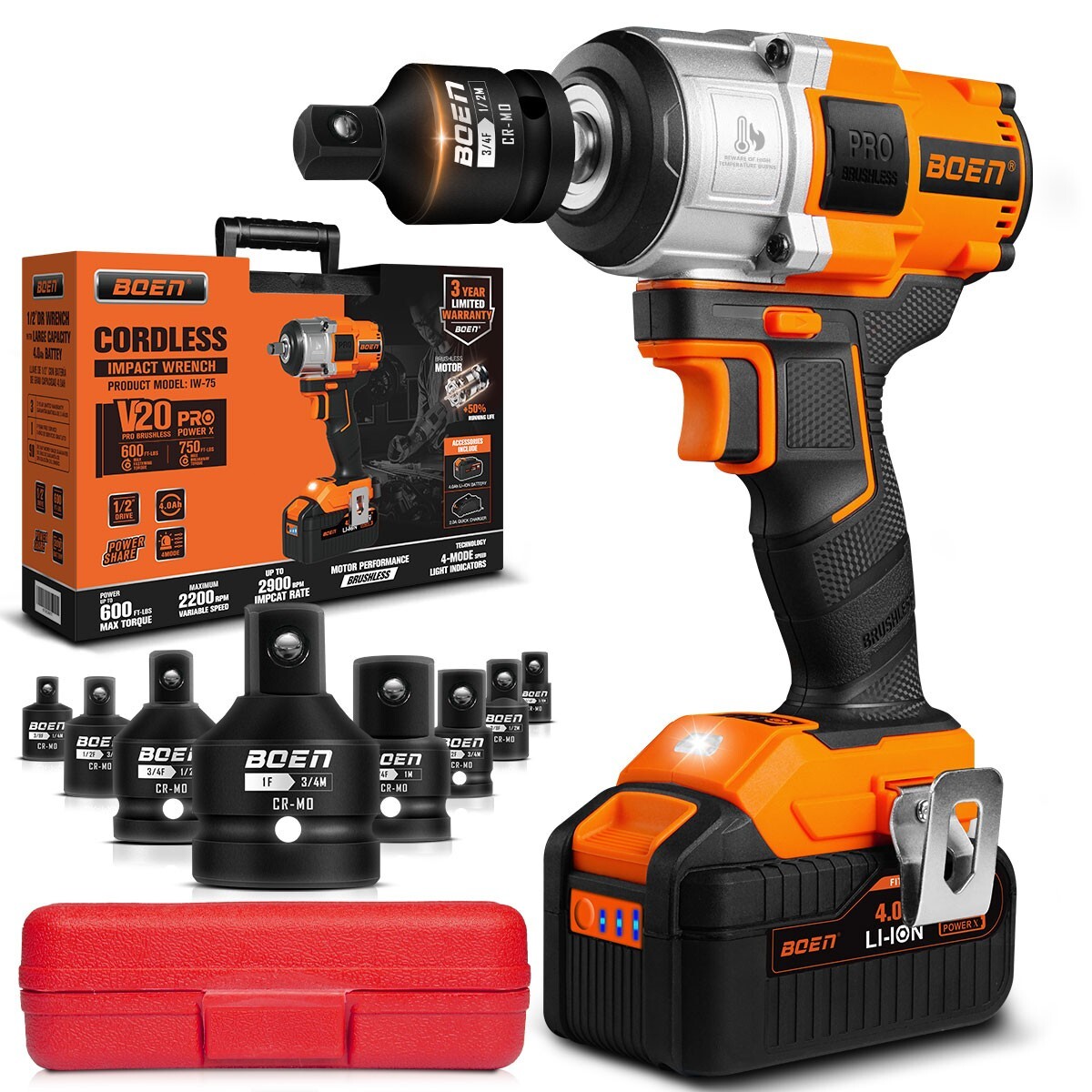 Boen Impact Wrench 1/2 Inch Brushless Electric, With 8 PCS Socket Adapter set，75